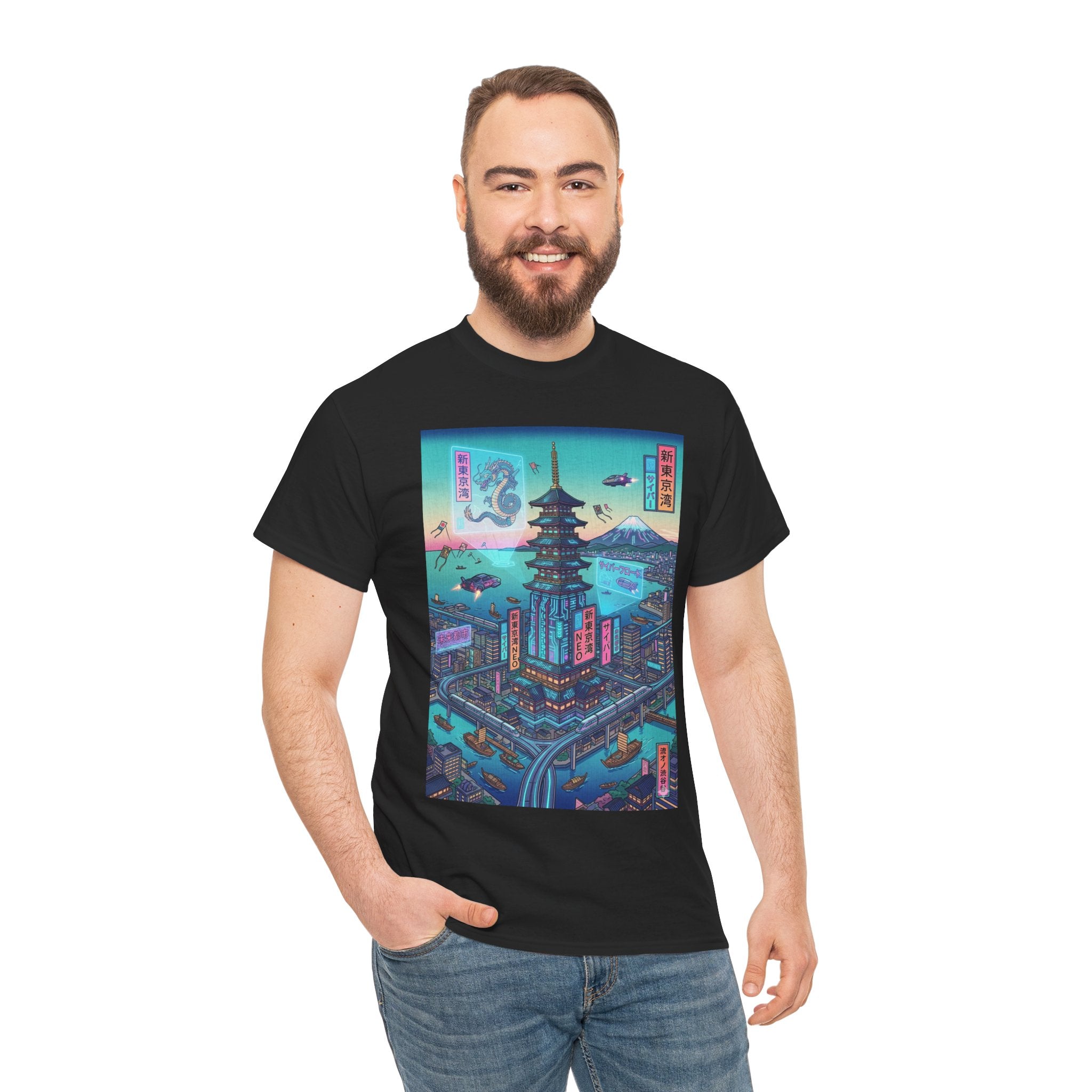 Cyberpunk Pagoda Tee — Neon Japanese Cityscape T-Shirt - Japanese Streetwear T-Shirt | Tokyo Style X