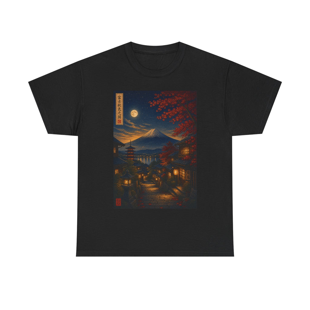Japanese Nightscape T‑Shirt — Moonlit Mt. Fuji Village Art Tee