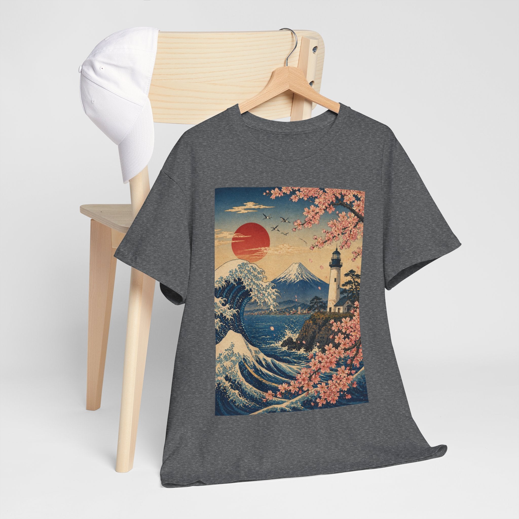 Japanese Wave & Cherry Blossom Art Tee — Mt. Fuji Sunset Graphic T-Shirt