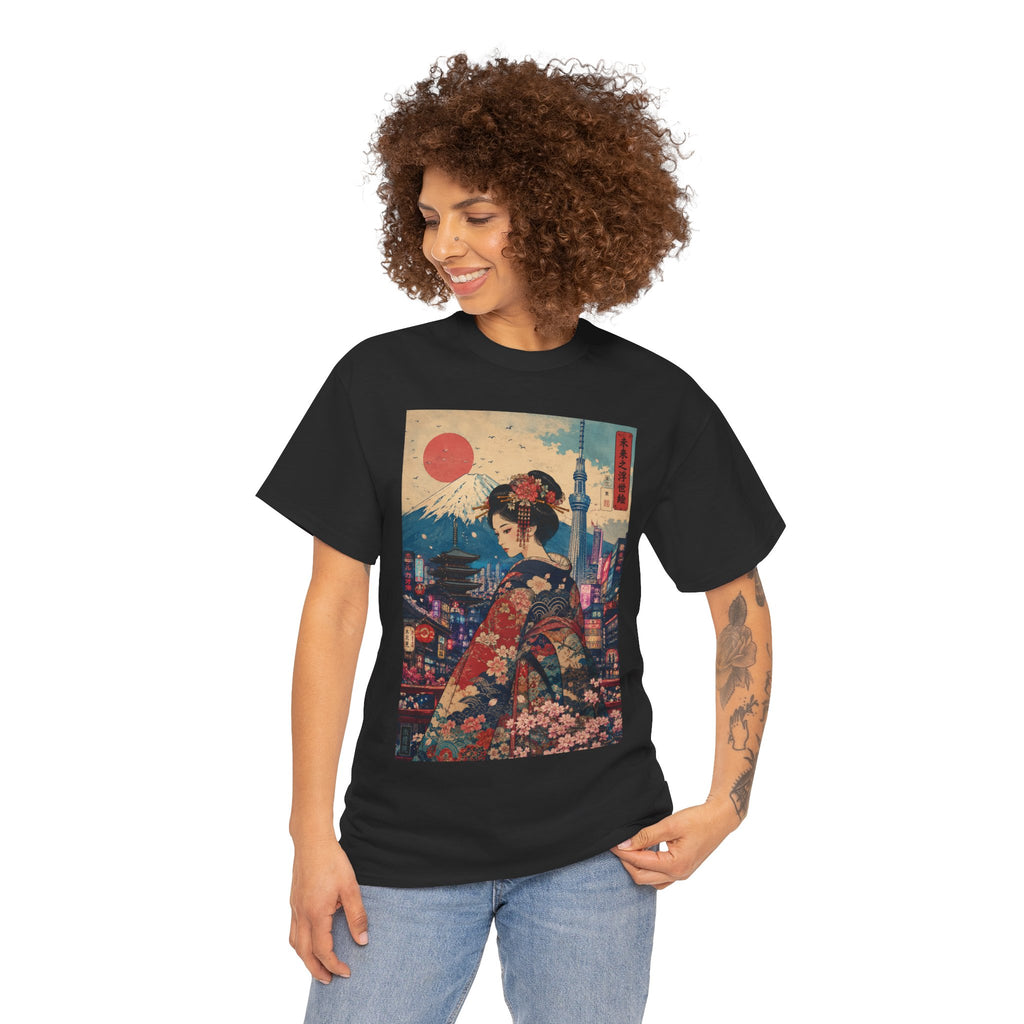 Japanese Geisha Sunset Tee — Vintage Ukiyo-e Kimono Art T-Shirt