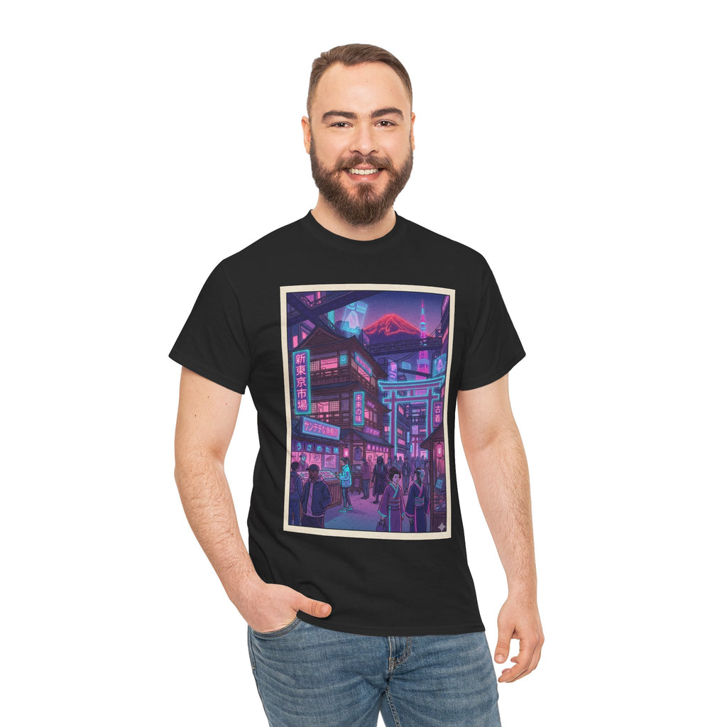Retro Neon Cityscape Tee — Cyberpunk Night Street Graphic Shirt