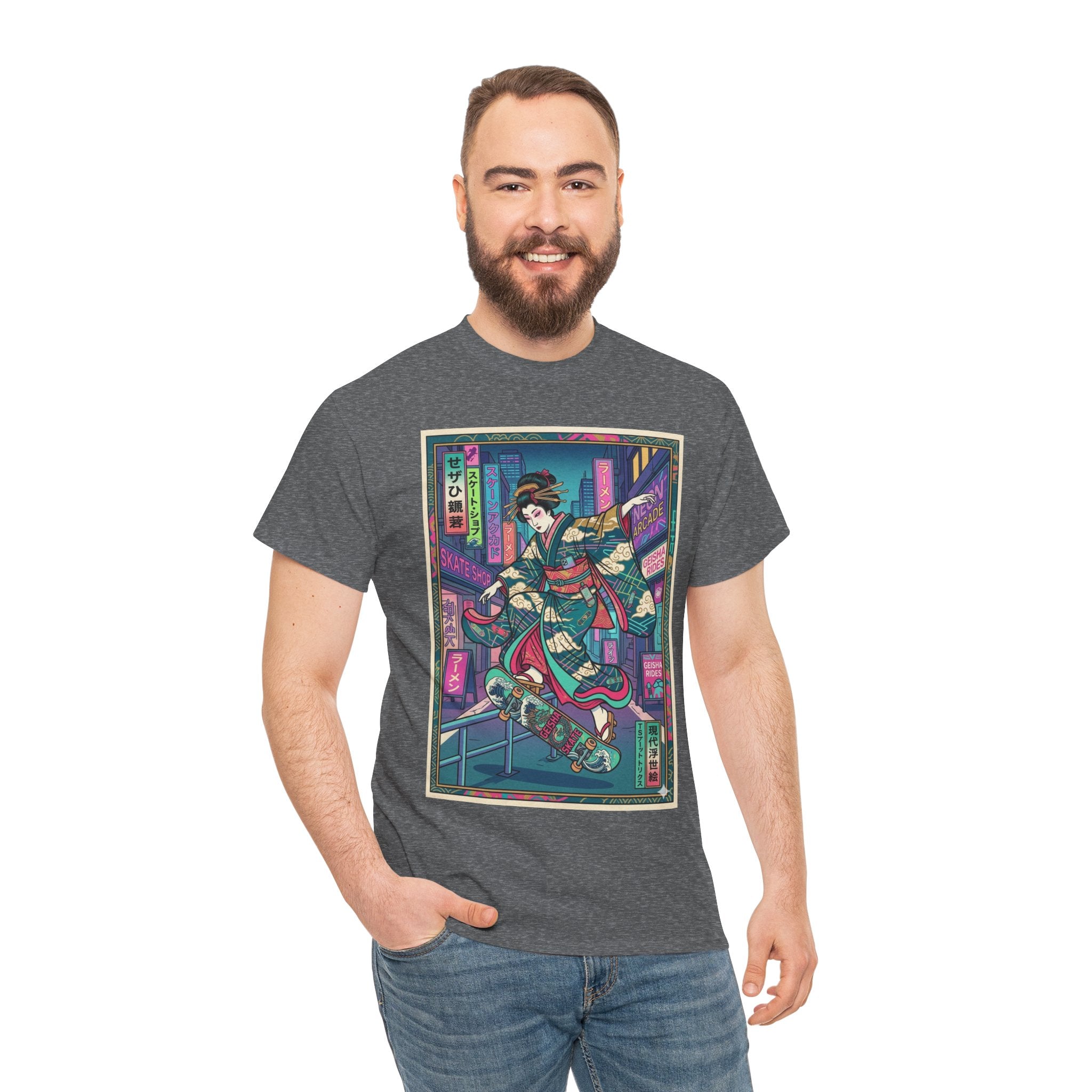 Geisha Skateboard Tee — Neon Cyberpunk Japanese Streetwear T-Shirt