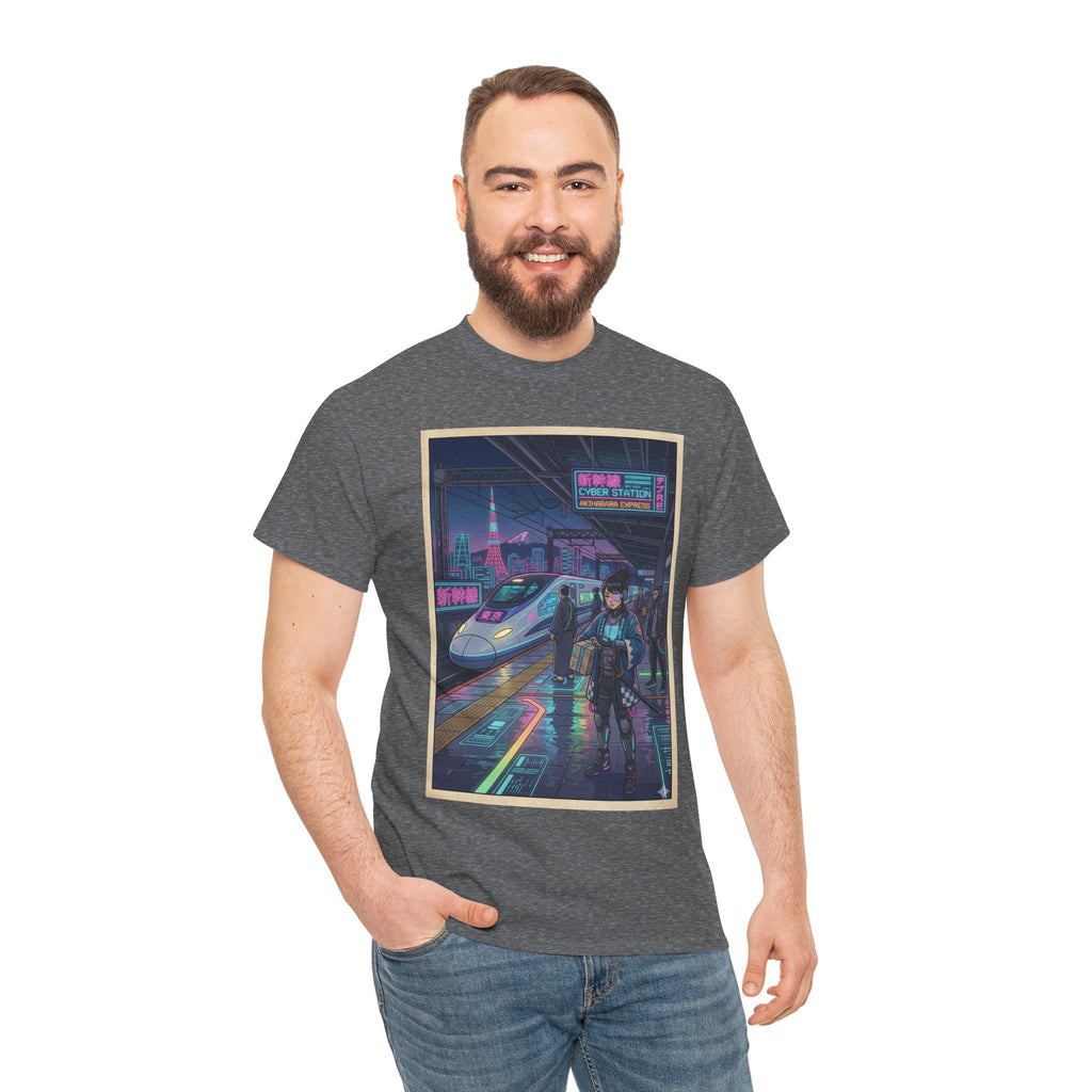 Cyberpunk Cityscape T-Shirt — Neon Train & Futuristic Rider Graphic Tee