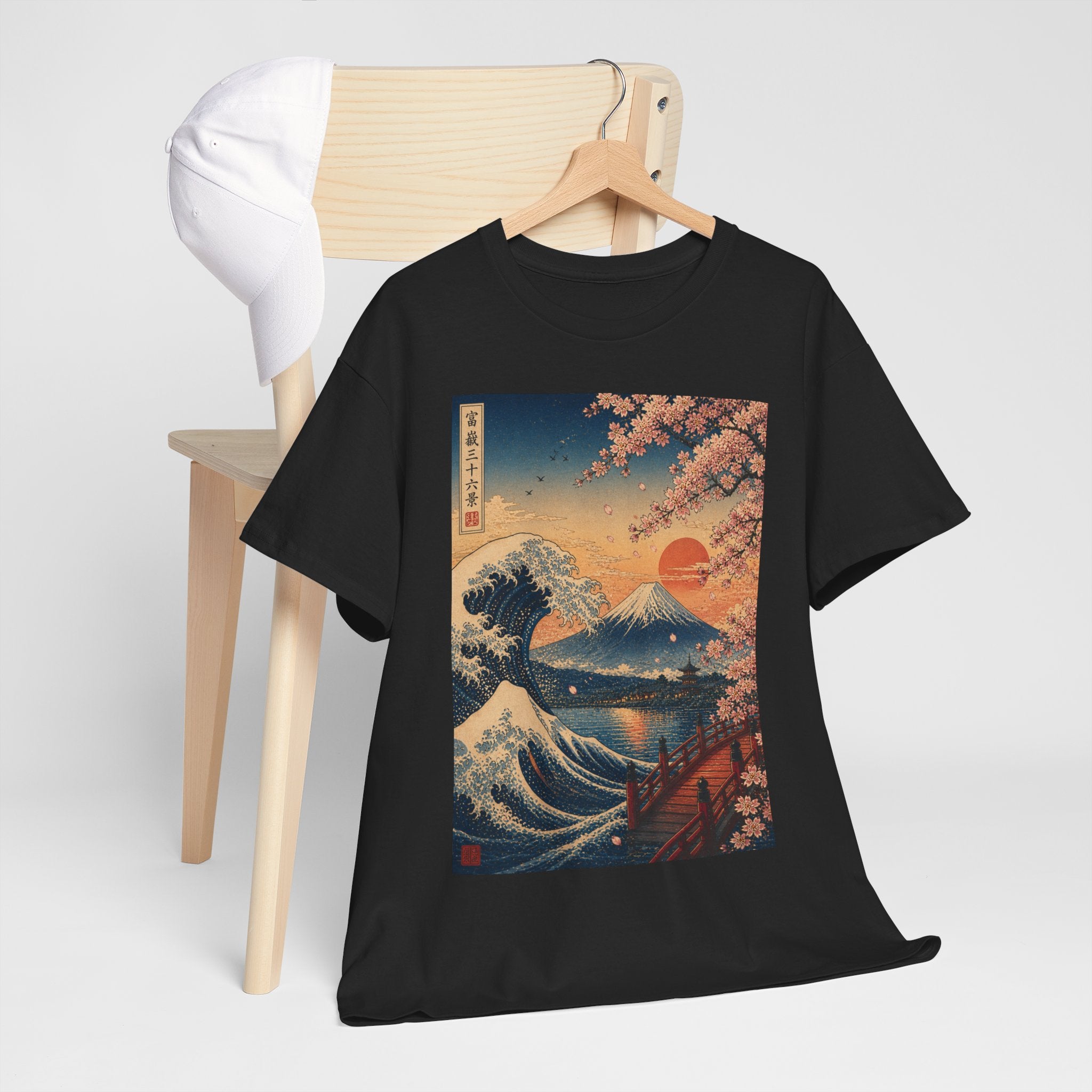 Japanese Wave & Cherry Blossom T-Shirt — Sunset Mount Fuji Graphic Tee