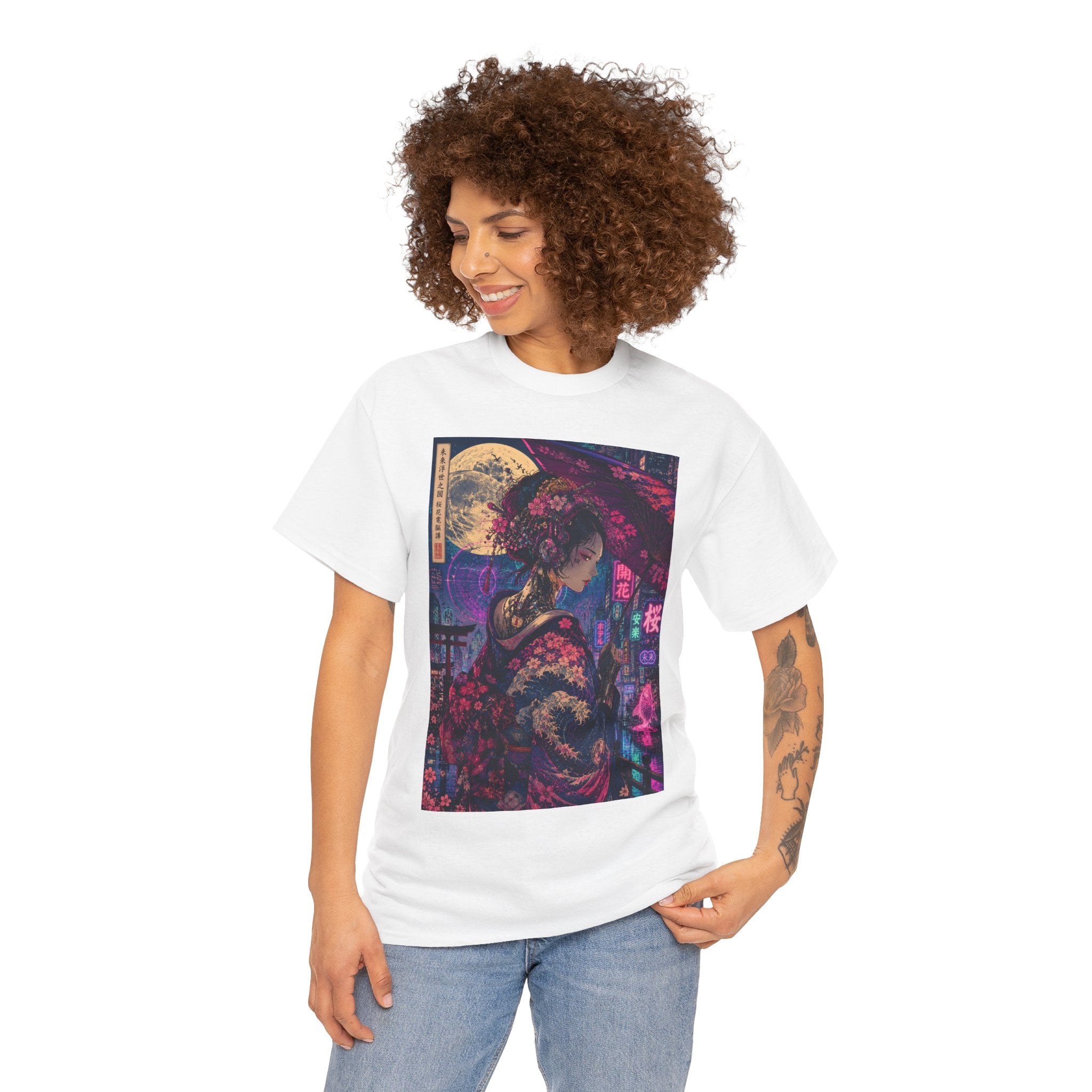 Geisha Neon Nights T-Shirt — Moonlit Sakura Cyberpunk Art Tee - Japanese Streetwear T-Shirt | Tokyo Style X