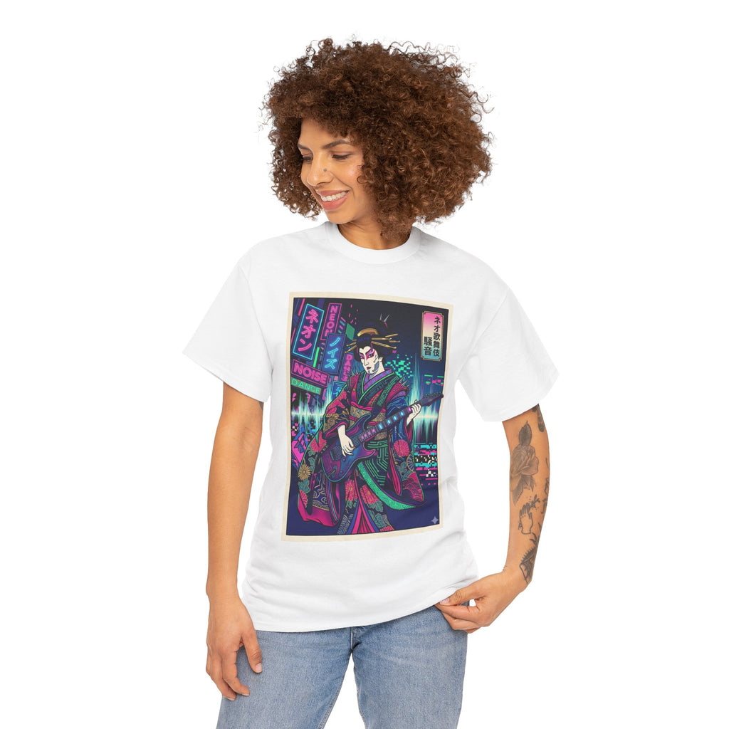 Geisha Guitar Tee — Neon Cyberpunk Japanese Rock T-Shirt