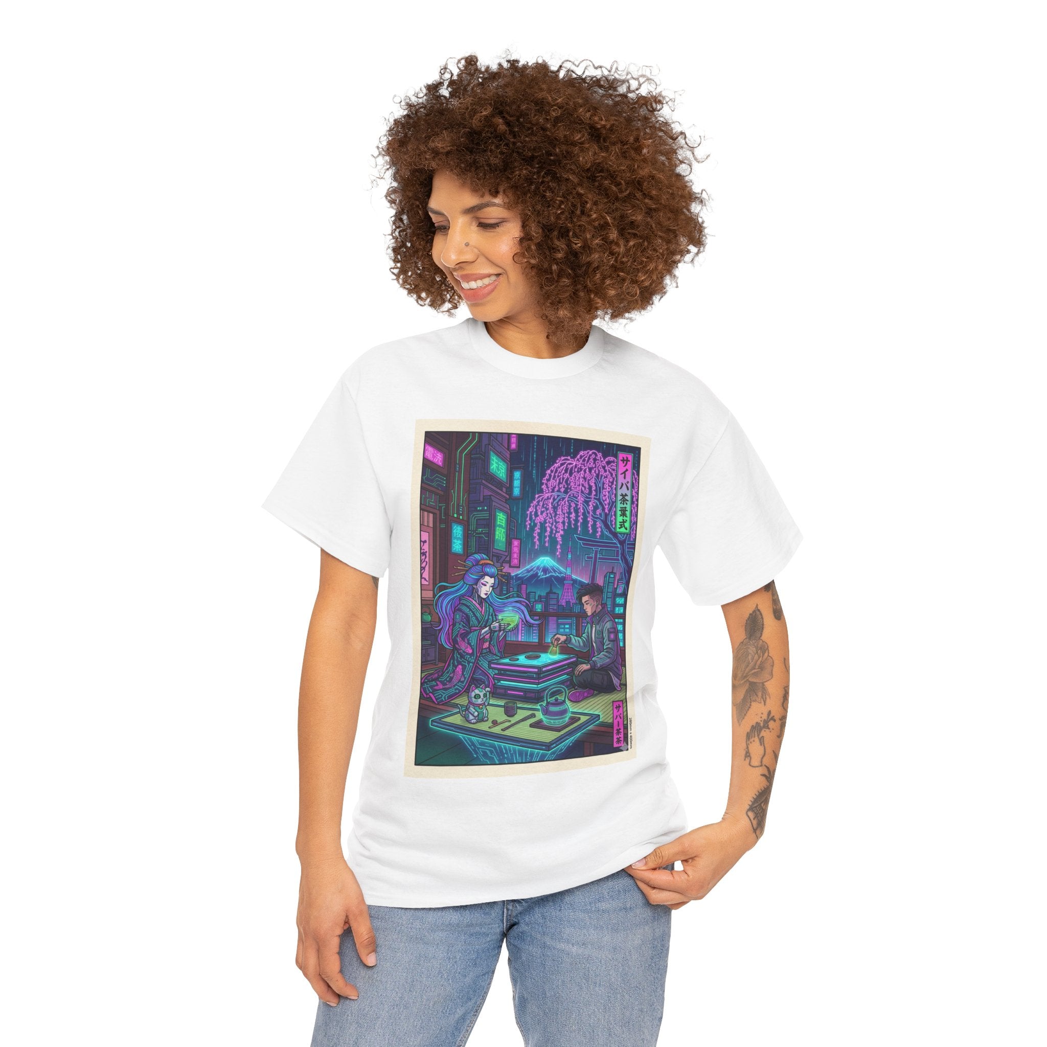 Cyberpunk Tea House Graphic Tee — Neon Retro Japanese-Style Street Scene