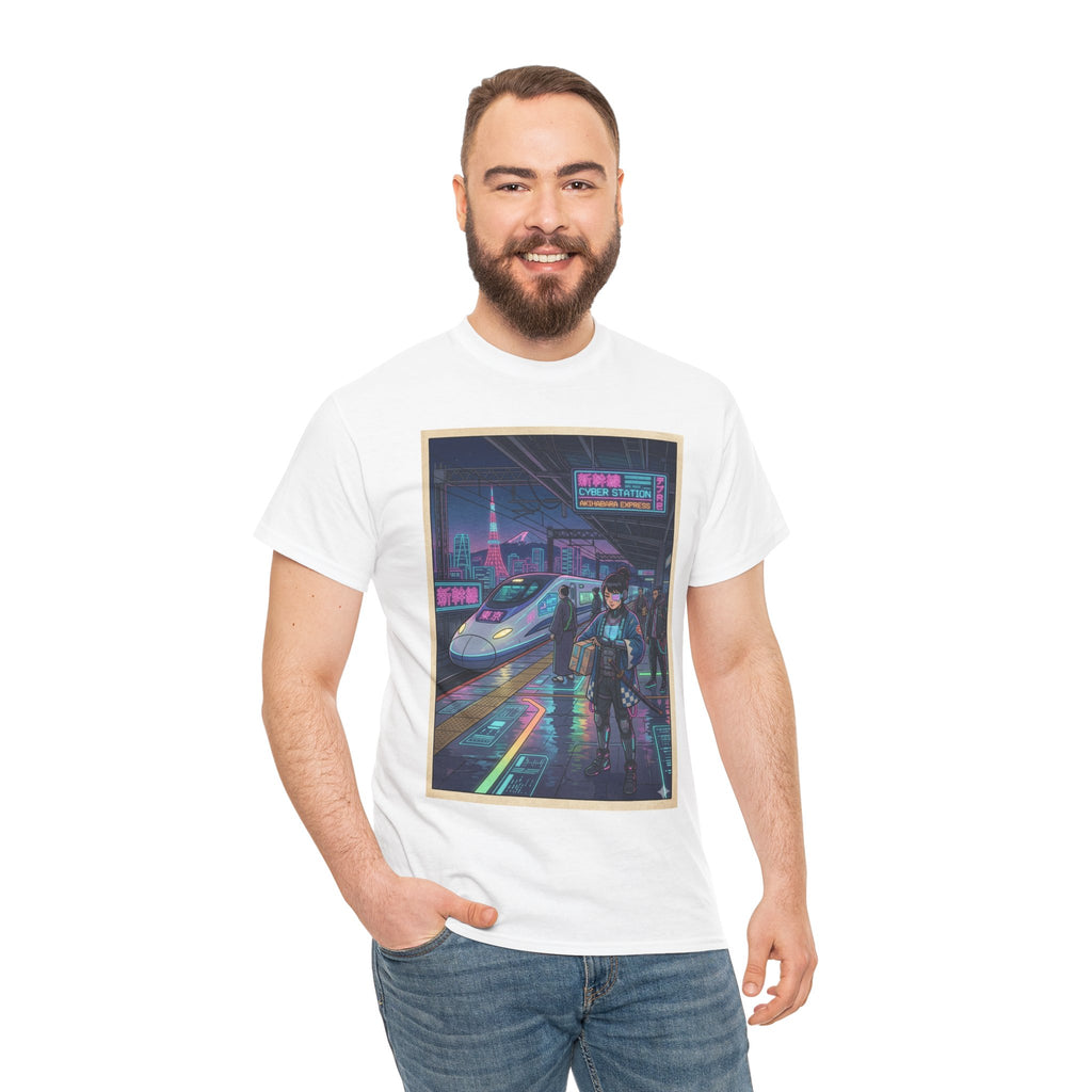 Cyberpunk Cityscape T-Shirt — Neon Train & Futuristic Rider Graphic Tee