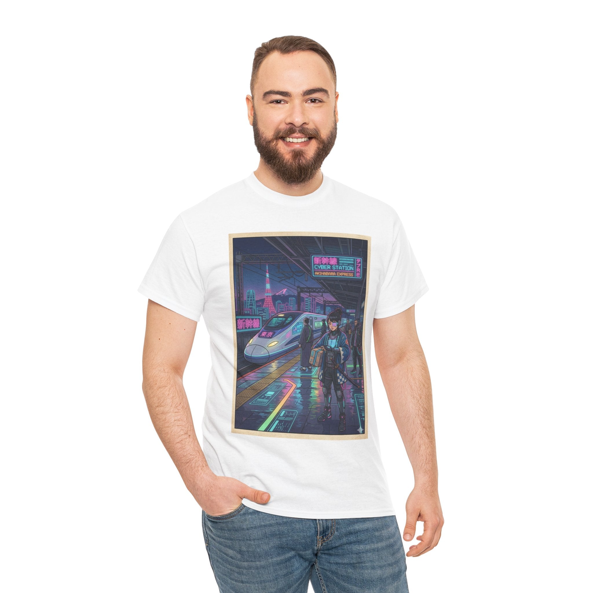 Cyberpunk Cityscape T-Shirt — Neon Train & Futuristic Rider Graphic Tee