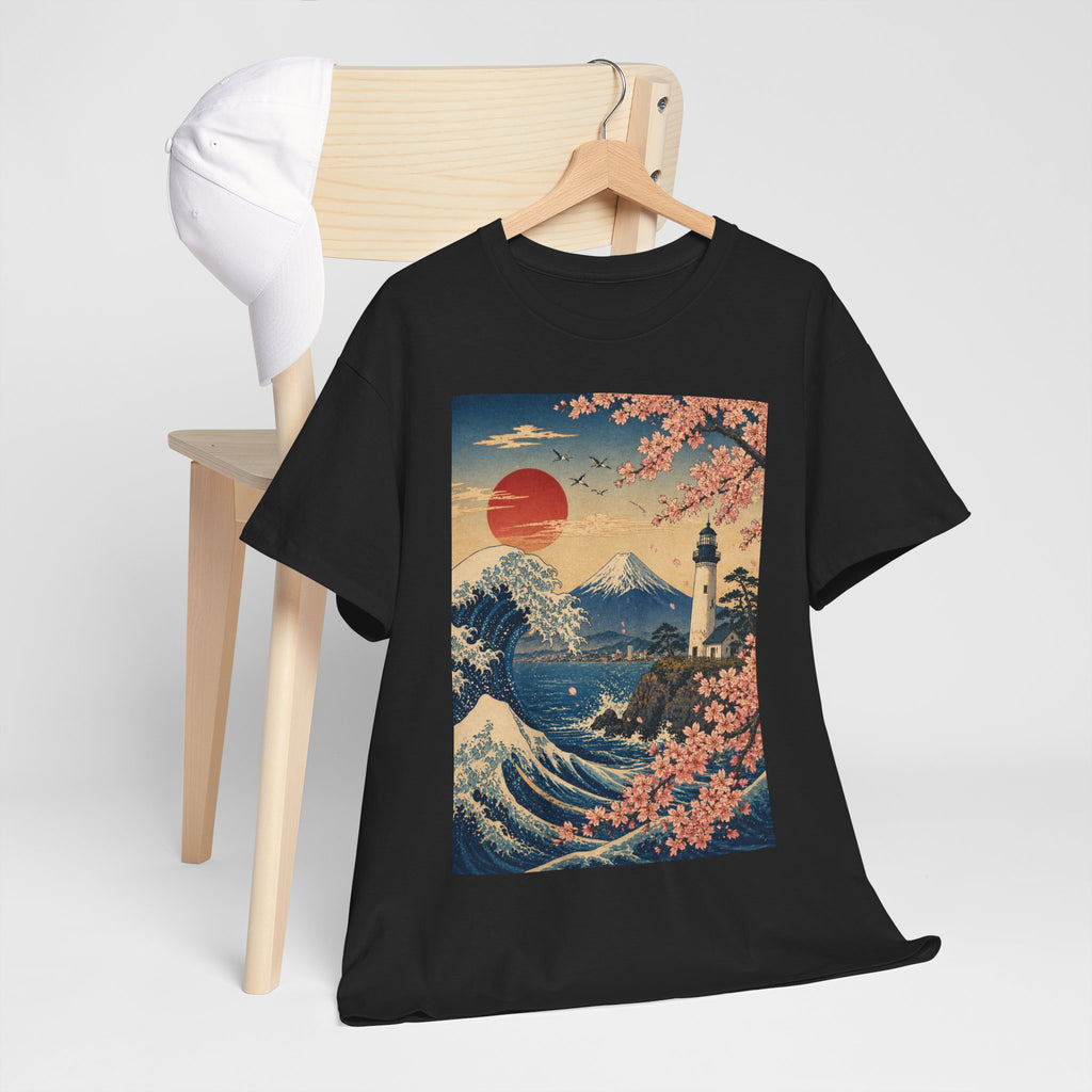 Japanese Wave & Cherry Blossom Art Tee — Mt. Fuji Sunset Graphic T-Shirt