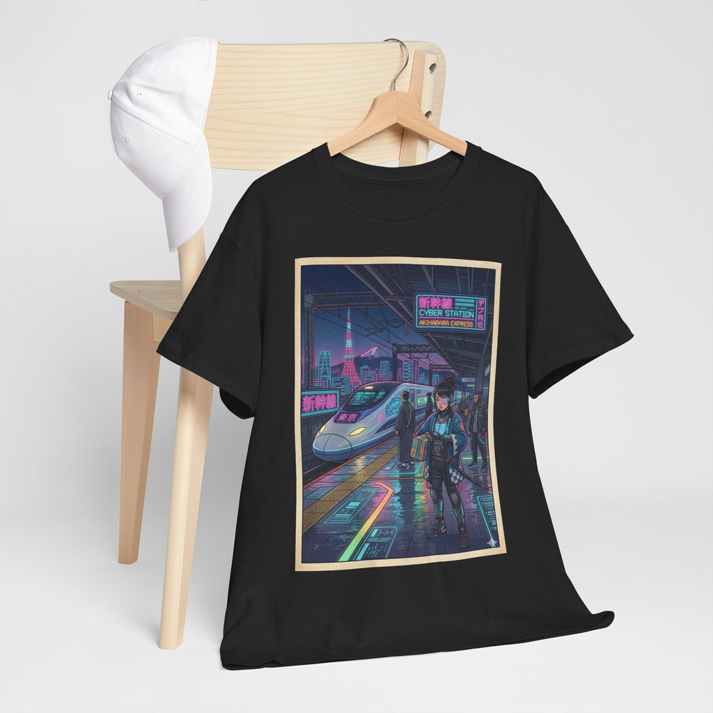 Cyberpunk Cityscape T-Shirt — Neon Train & Futuristic Rider Graphic Tee