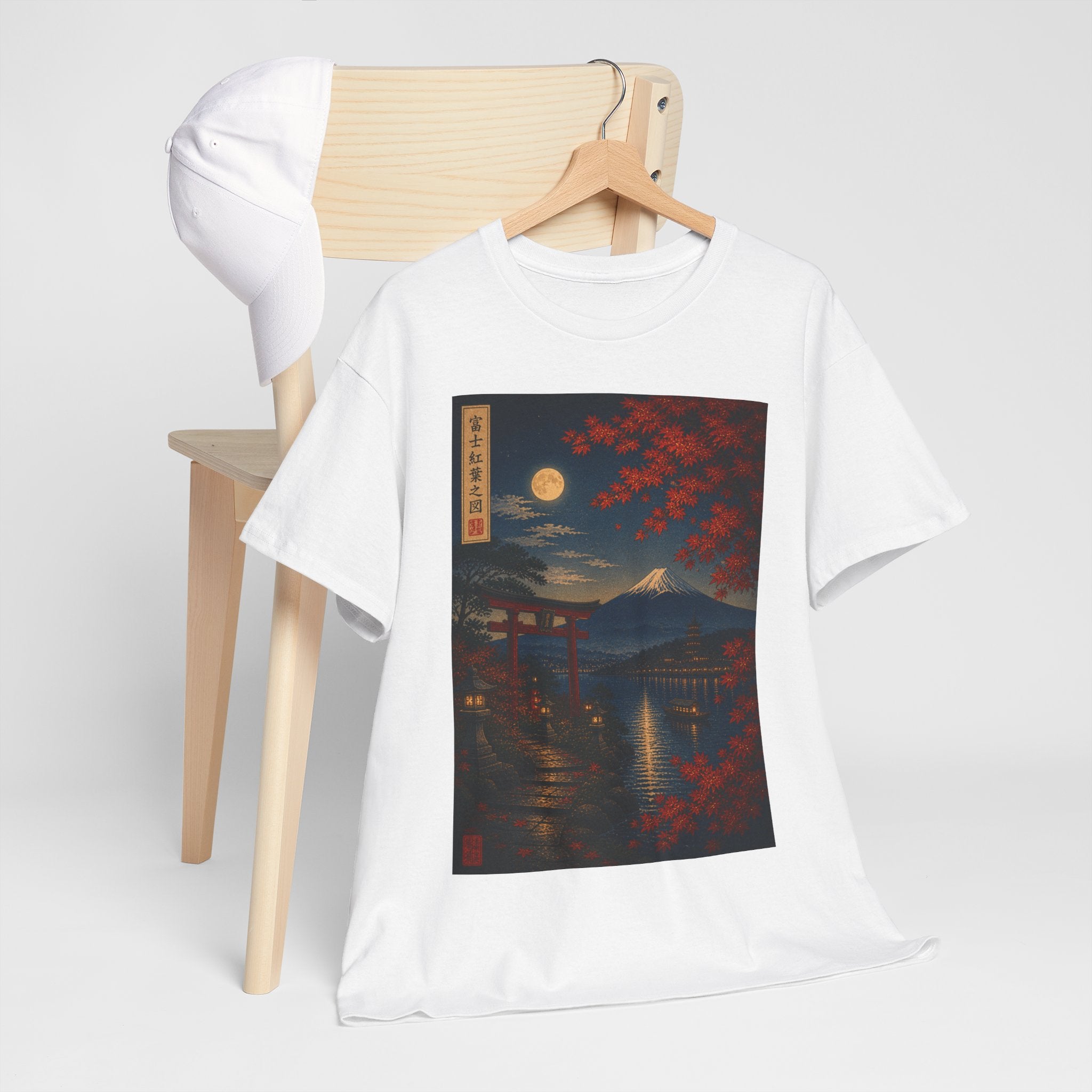 Japanese Nightscape Tee — Moonlit Torii & Autumn Maple Graphic T-Shirt