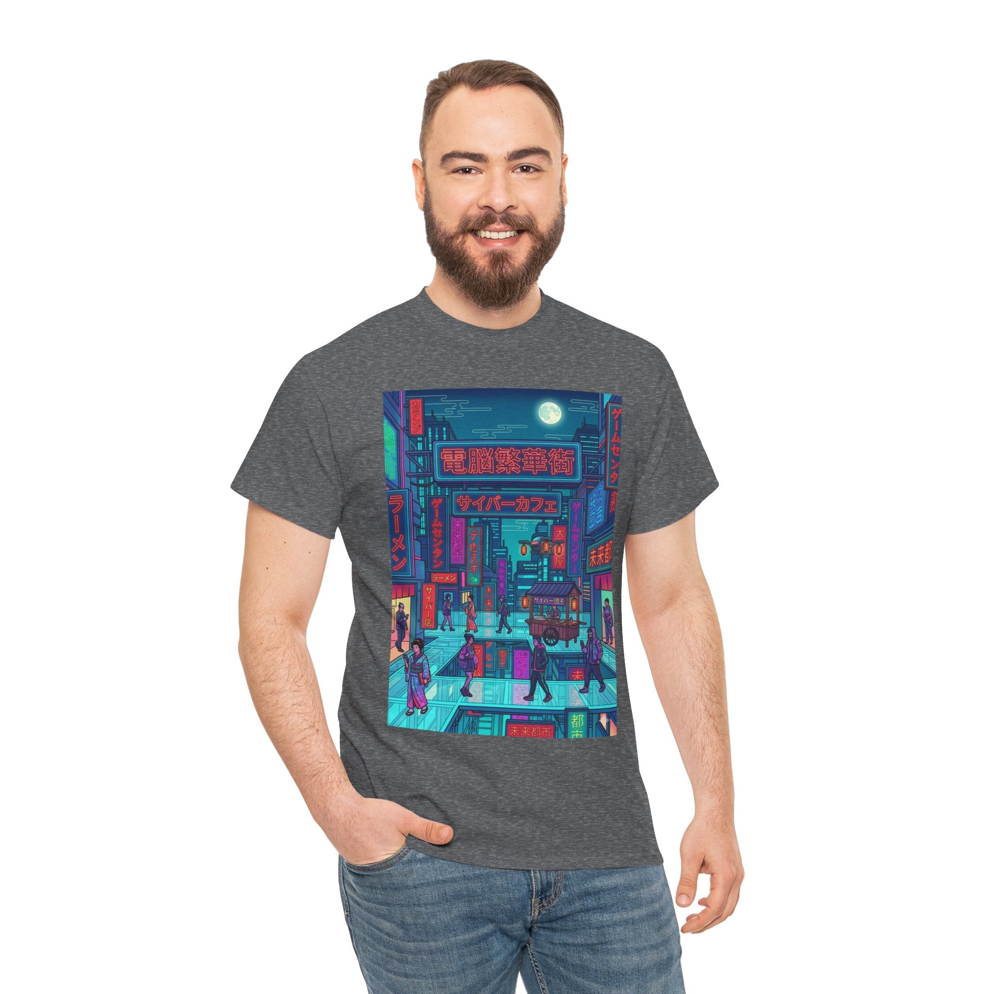 Cyberpunk Cityscape Tee — Neon Tokyo Street Scene Graphic T‑Shirt