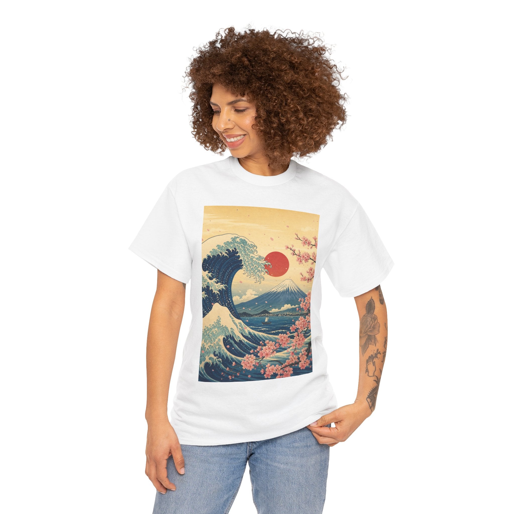 Vintage Japanese Wave Tee — Mount Fuji, Sakura & Red Sun Graphic T-Shirt