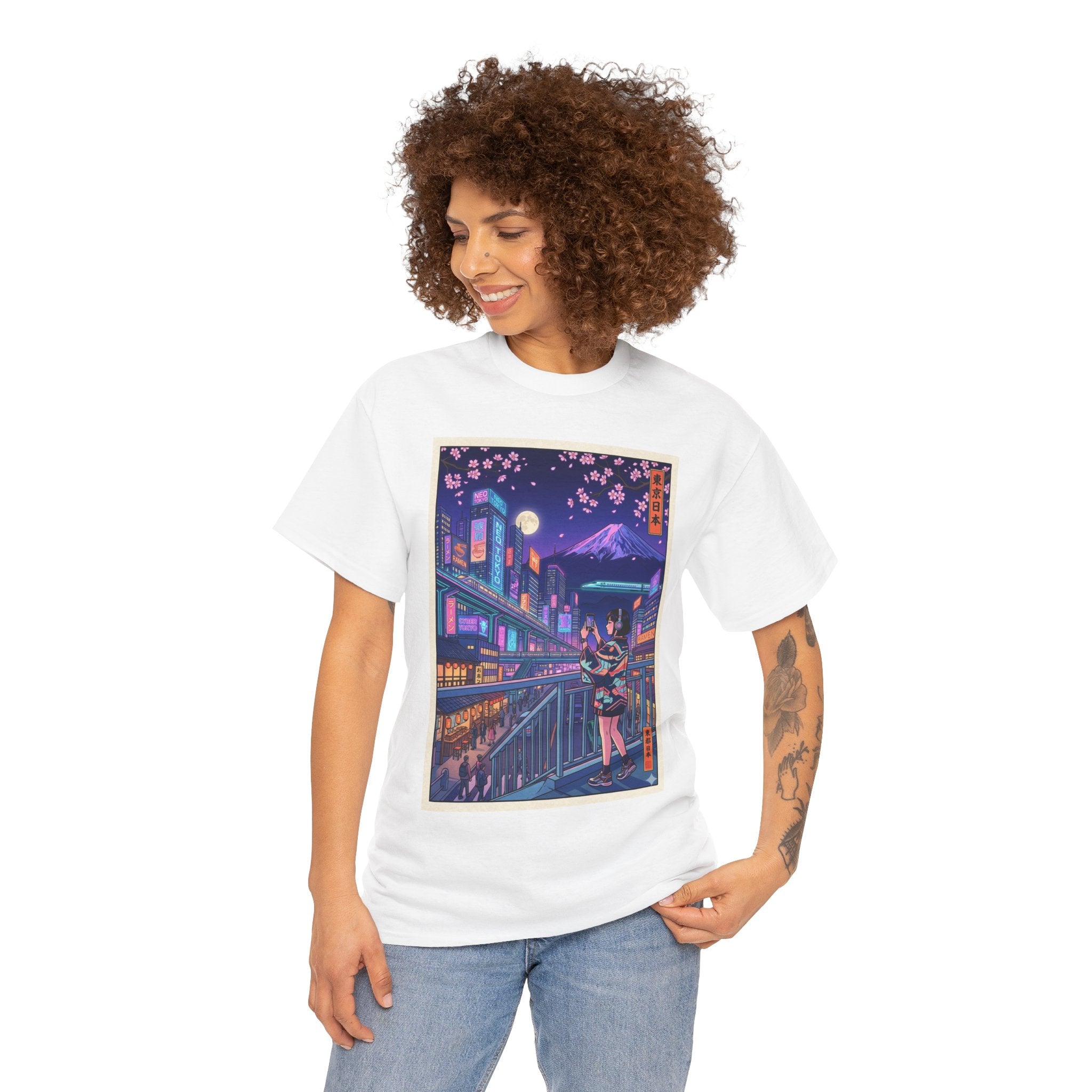 T-Shirt — Neon Sakura Nightstreet Anime Cityscape Print