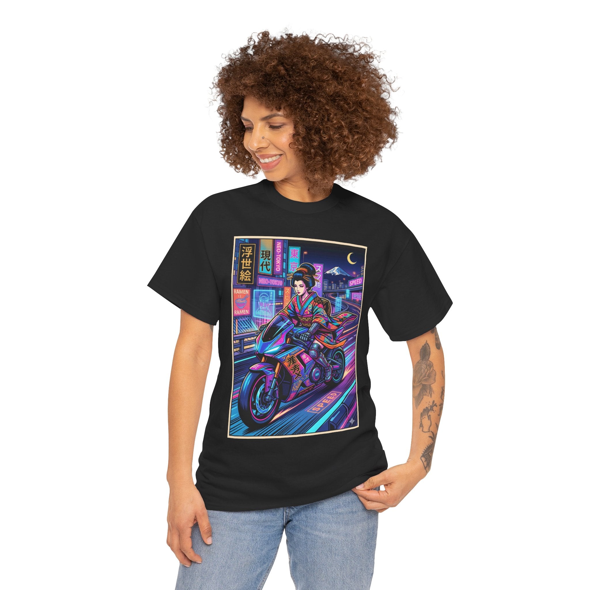 Neon Samurai Motorcycle Tee — Cyberpunk Night Rider Graphic T-Shirt