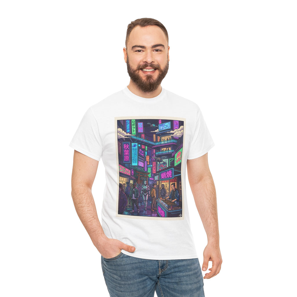 Cyberpunk City Streets Graphic Tee — Neon Night Market Illustration