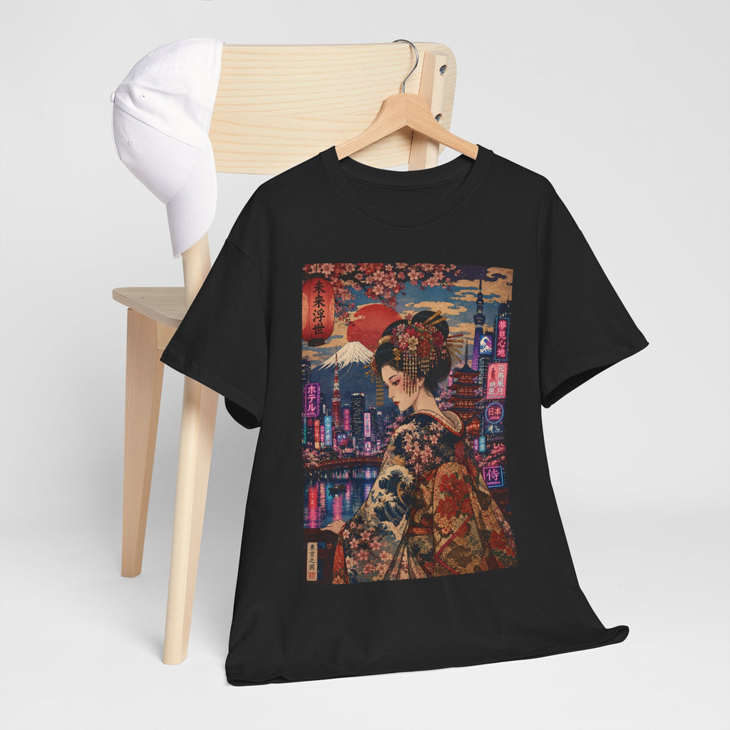 Geisha Cityscape Tee — Vintage Kimono Nighttime Japan Graphic T‑Shirt