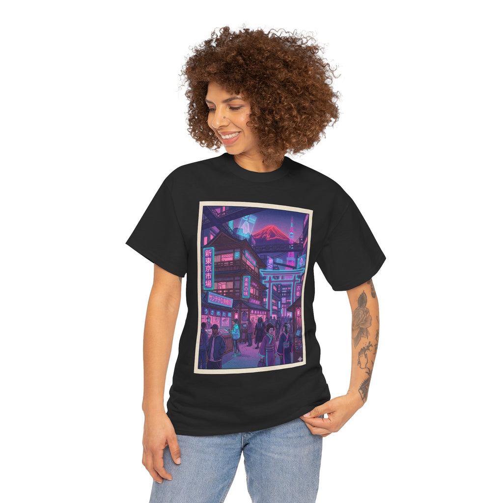 Retro Neon Cityscape Tee — Cyberpunk Night Street Graphic Shirt