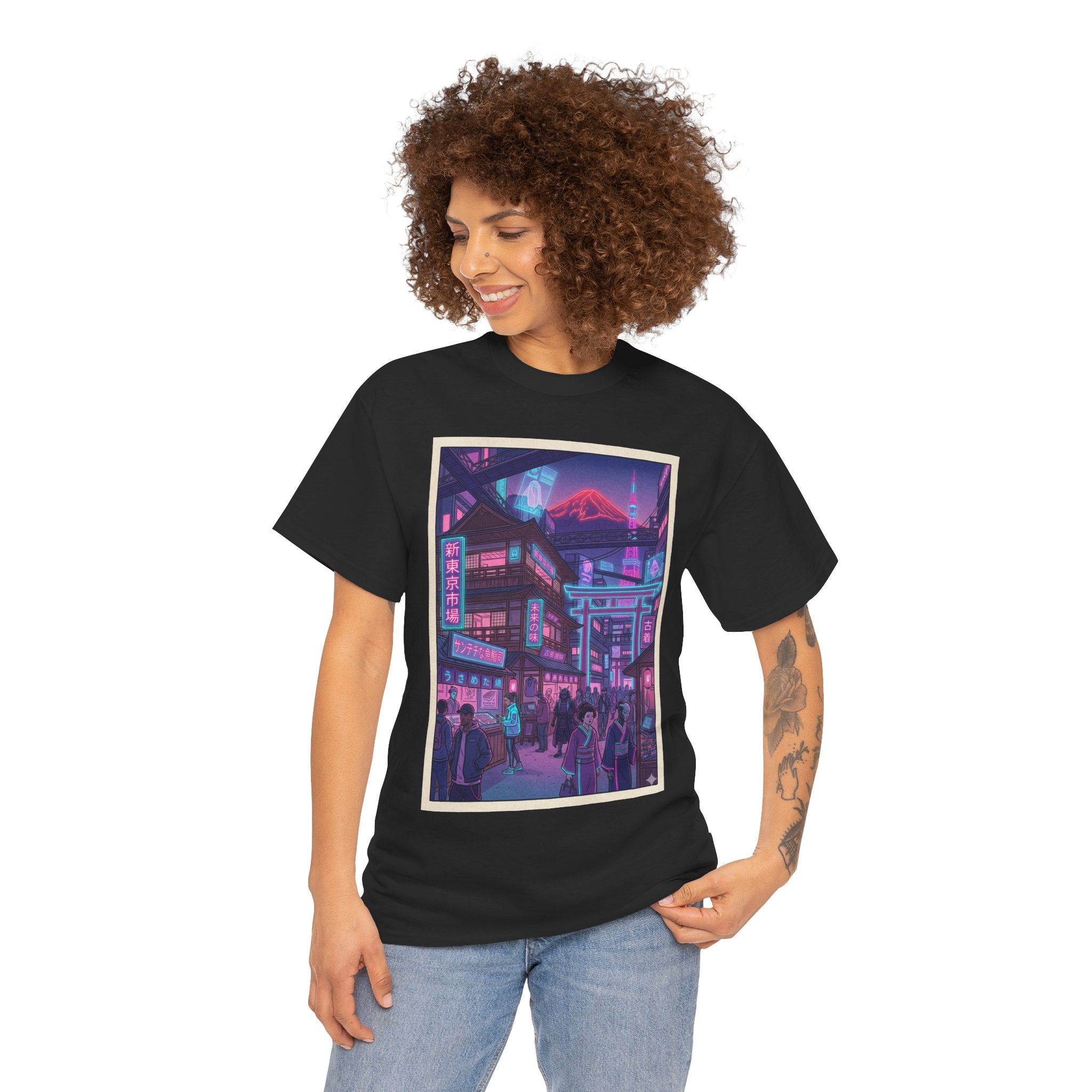 Retro Neon Cityscape Tee — Cyberpunk Night Street Graphic Shirt