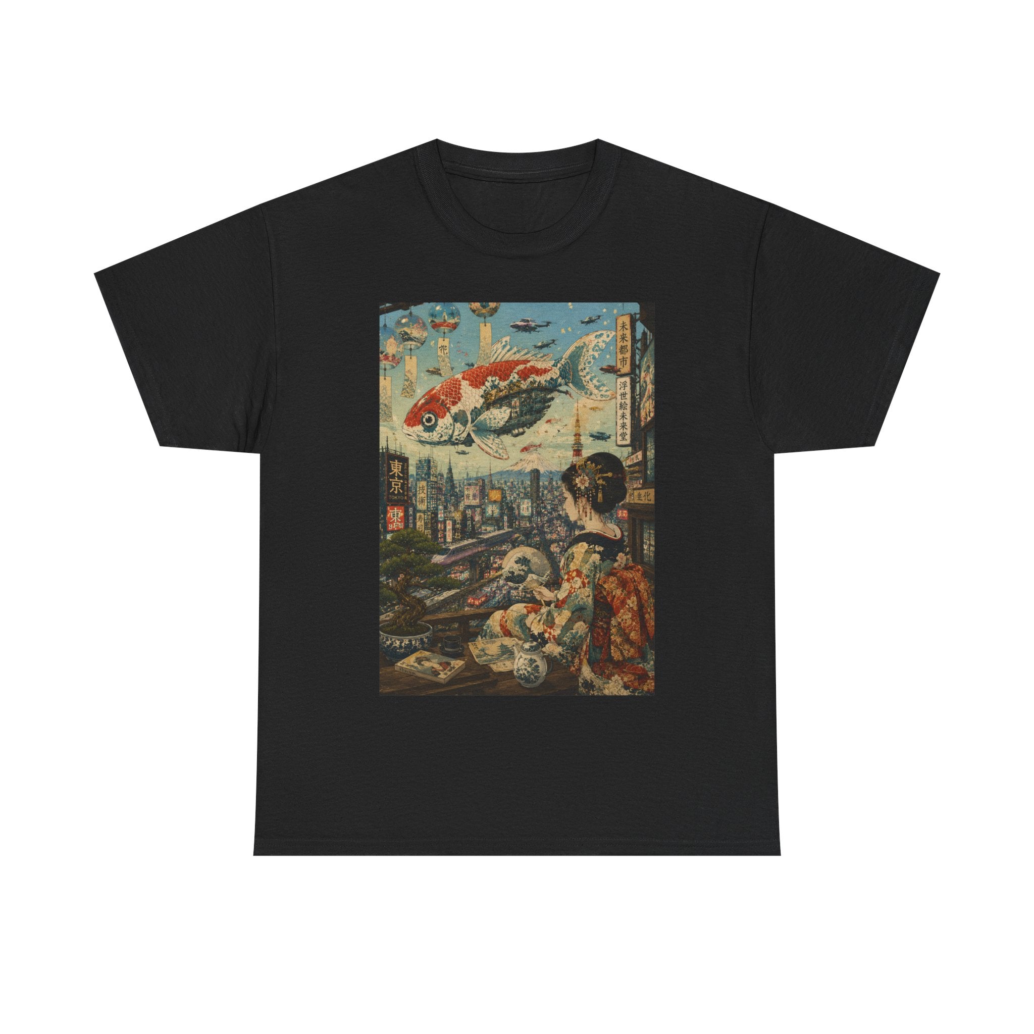 Koi Cityscape T-Shirt — Retro Japanese Ukiyo-e Urban Fantasy Tee - Japanese Streetwear T-Shirt | Tokyo Style X