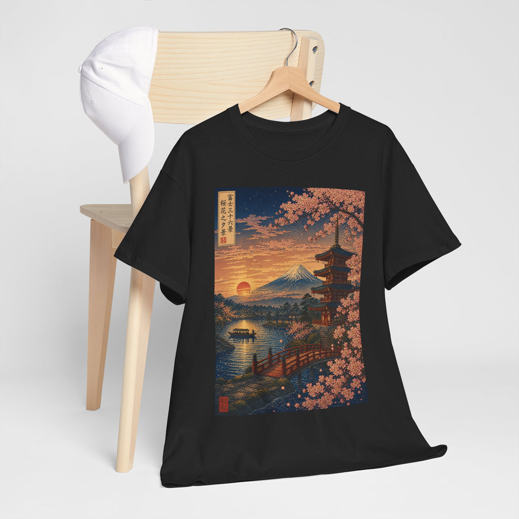 Japanese Sunset Landscape T-Shirt — Mount Fuji, Pagoda & Cherry Blossoms