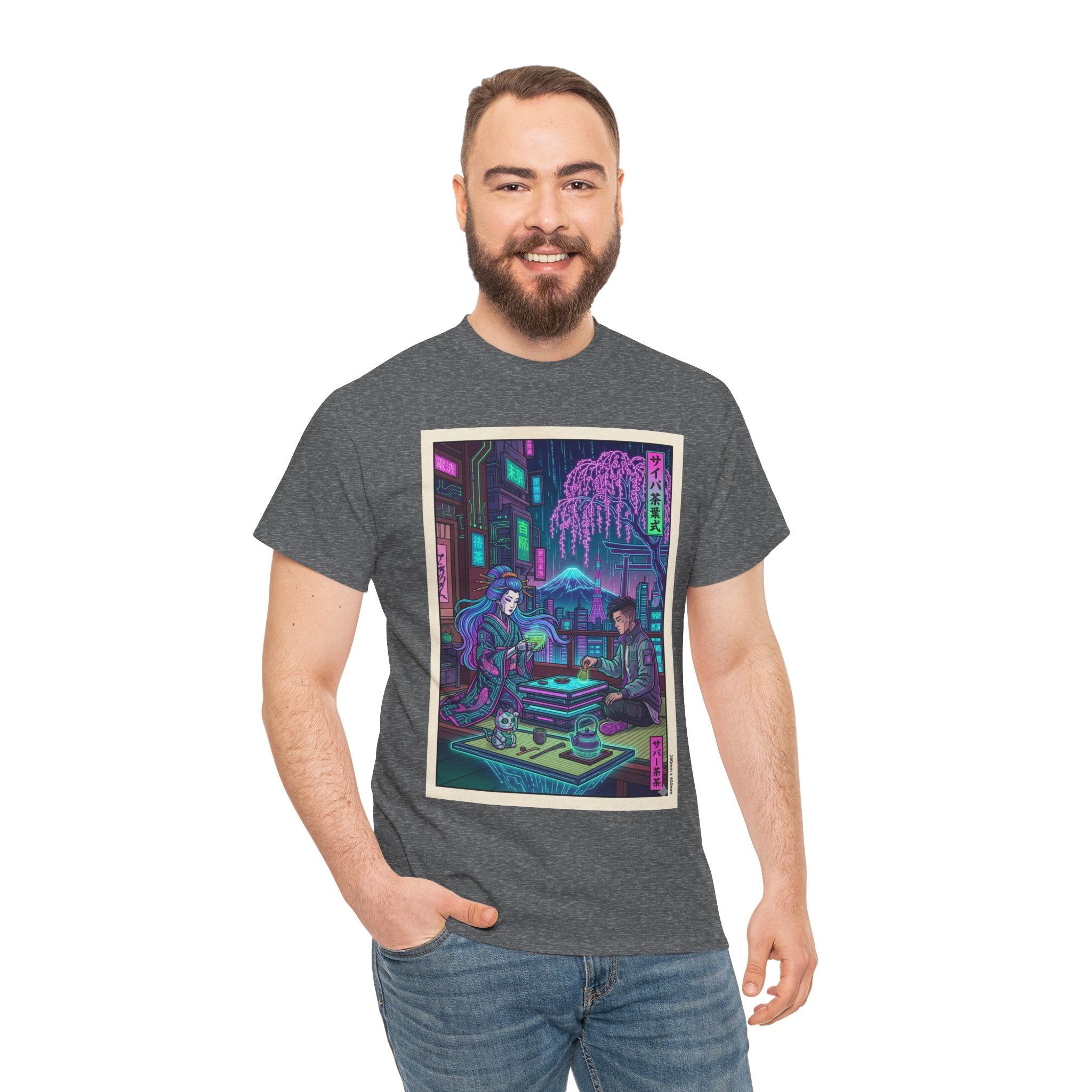Cyberpunk Tea House Graphic Tee — Neon Retro Japanese-Style Street Scene