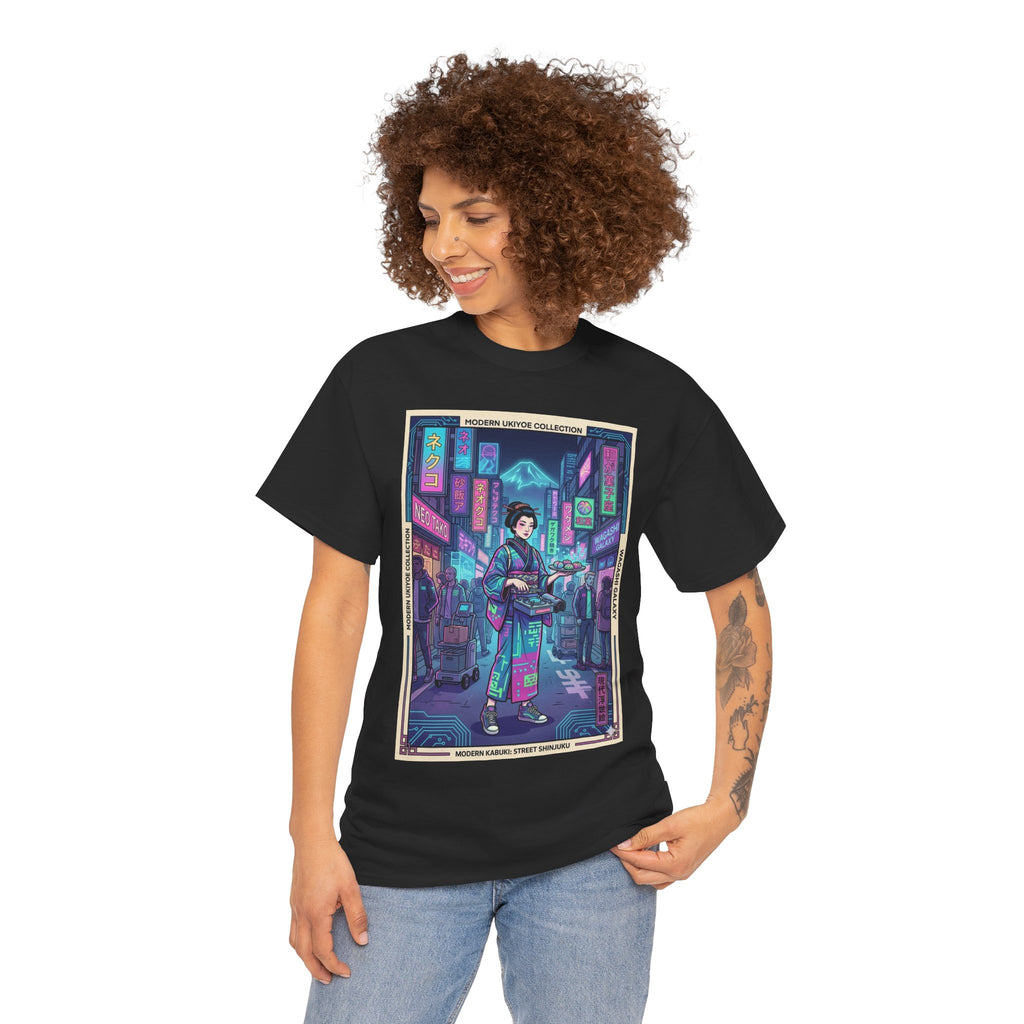 Cyber Geisha Streetwear T‑Shirt — Neon Tokyo Nightscape Graphic Tee