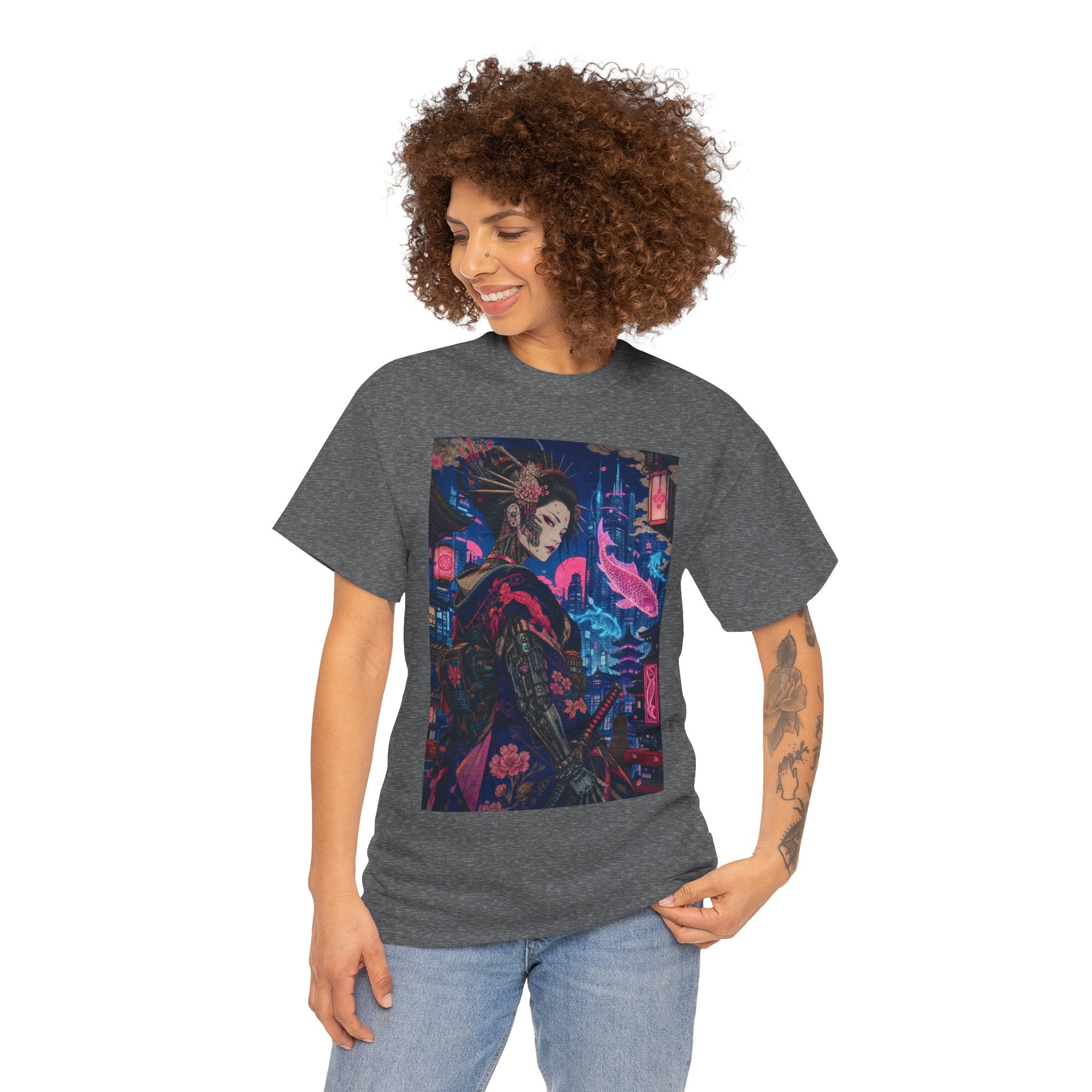 Cyberpunk Geisha Art Tee — Neon Tokyo Samurai Girl Graphic T-Shirt