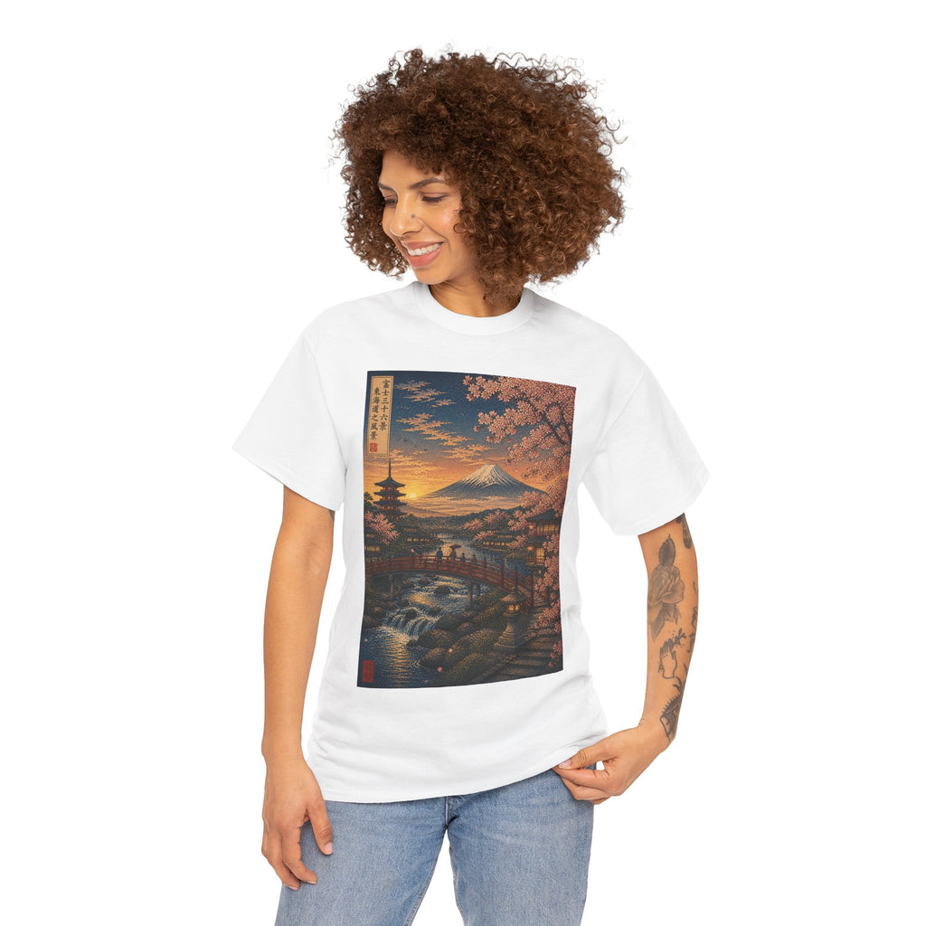 Japanese Cherry Blossom Landscape Tee — Mount Fuji Sunset Graphic T-Shirt