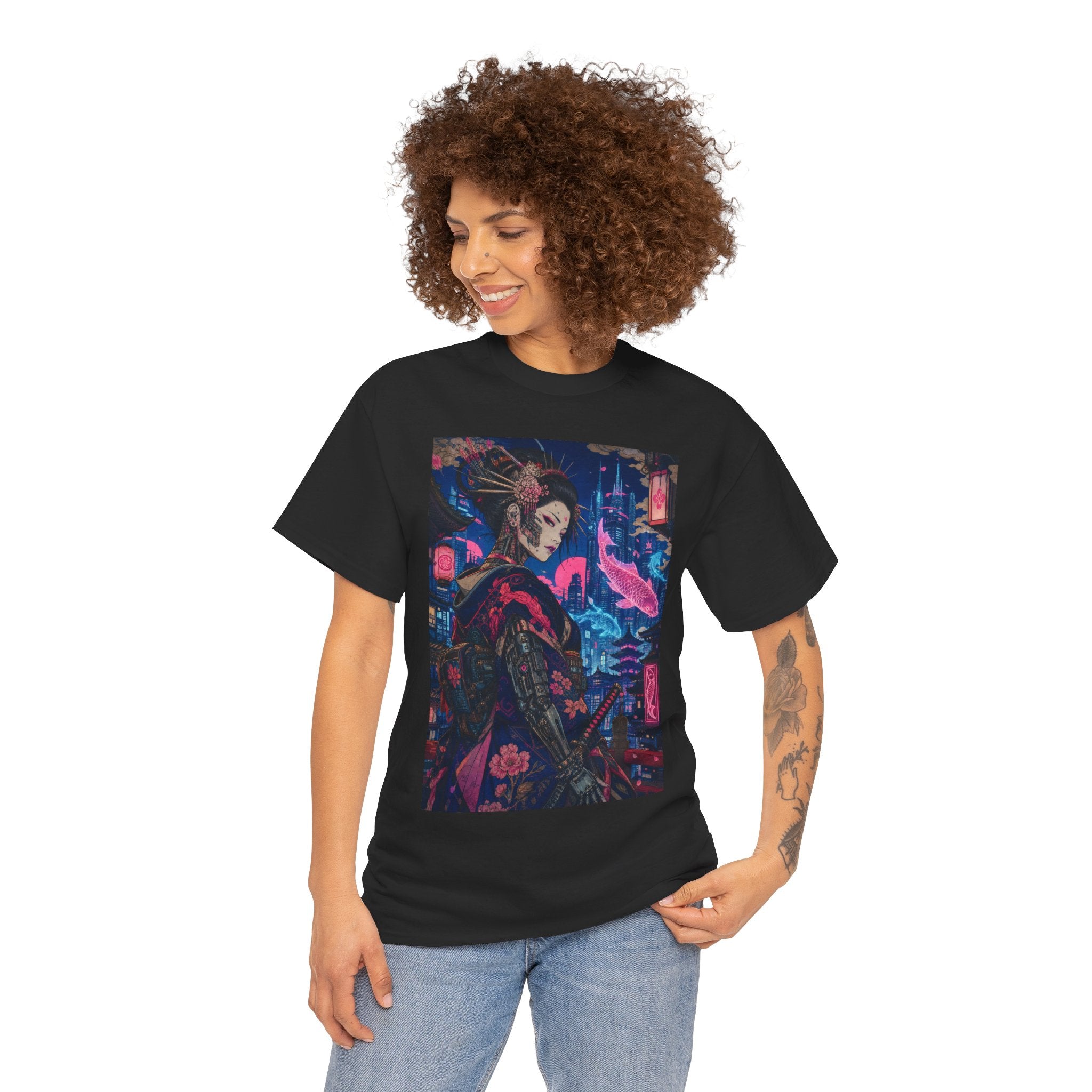 Cyberpunk Geisha Art Tee — Neon Tokyo Samurai Girl Graphic T-Shirt