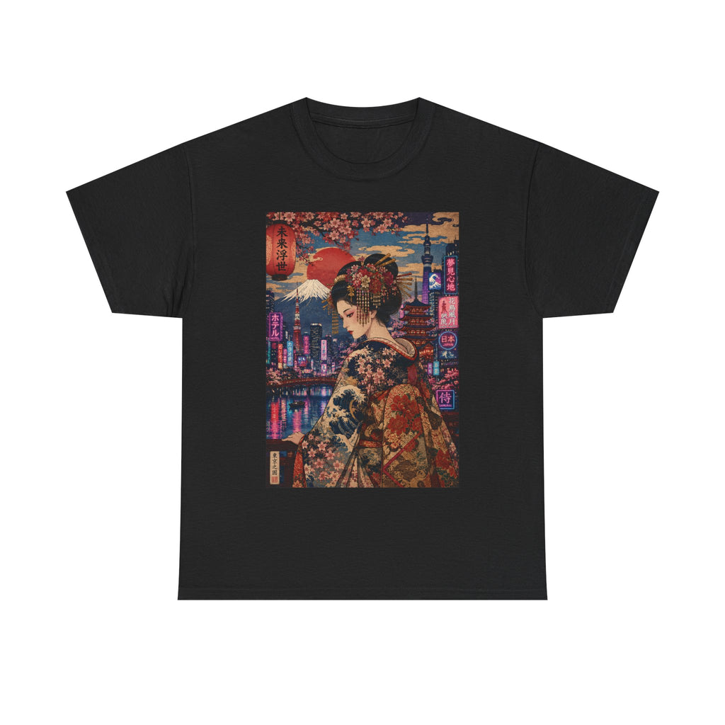 Geisha Cityscape Tee — Vintage Kimono Nighttime Japan Graphic T‑Shirt