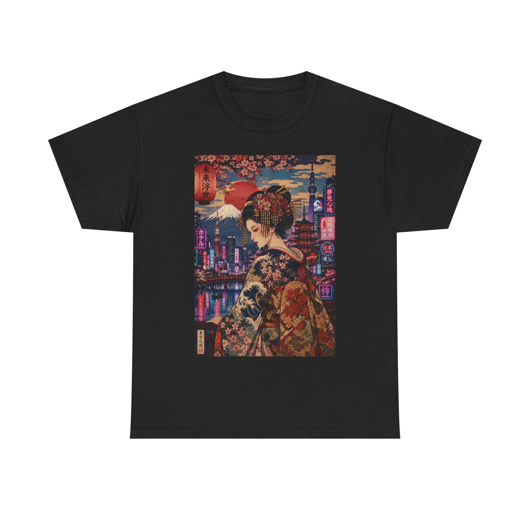 Geisha Cityscape Tee — Vintage Kimono Nighttime Japan Graphic T‑Shirt