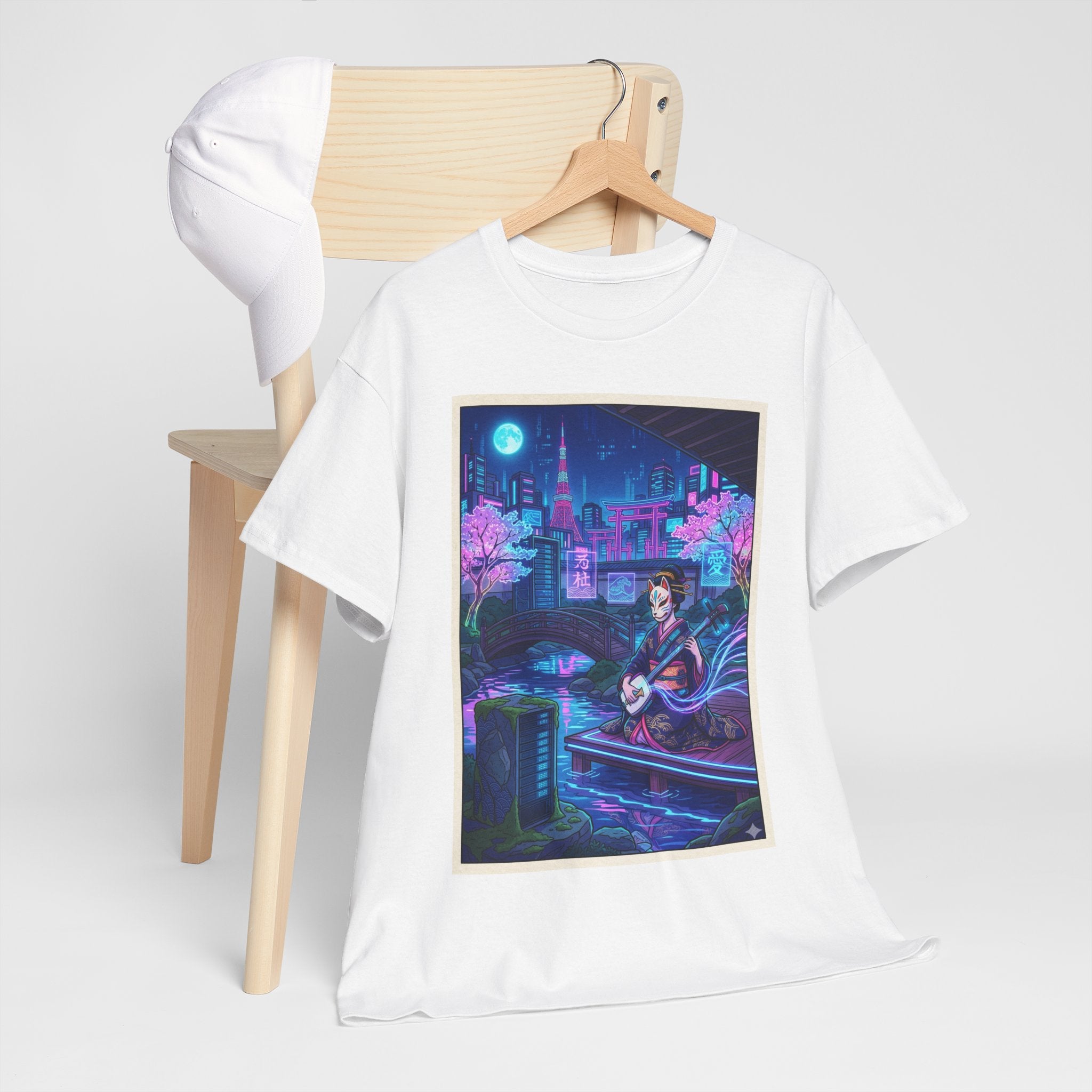 Anime Cyberpunk Guitarist T‑Shirt — Neon City Nightscape Tee
