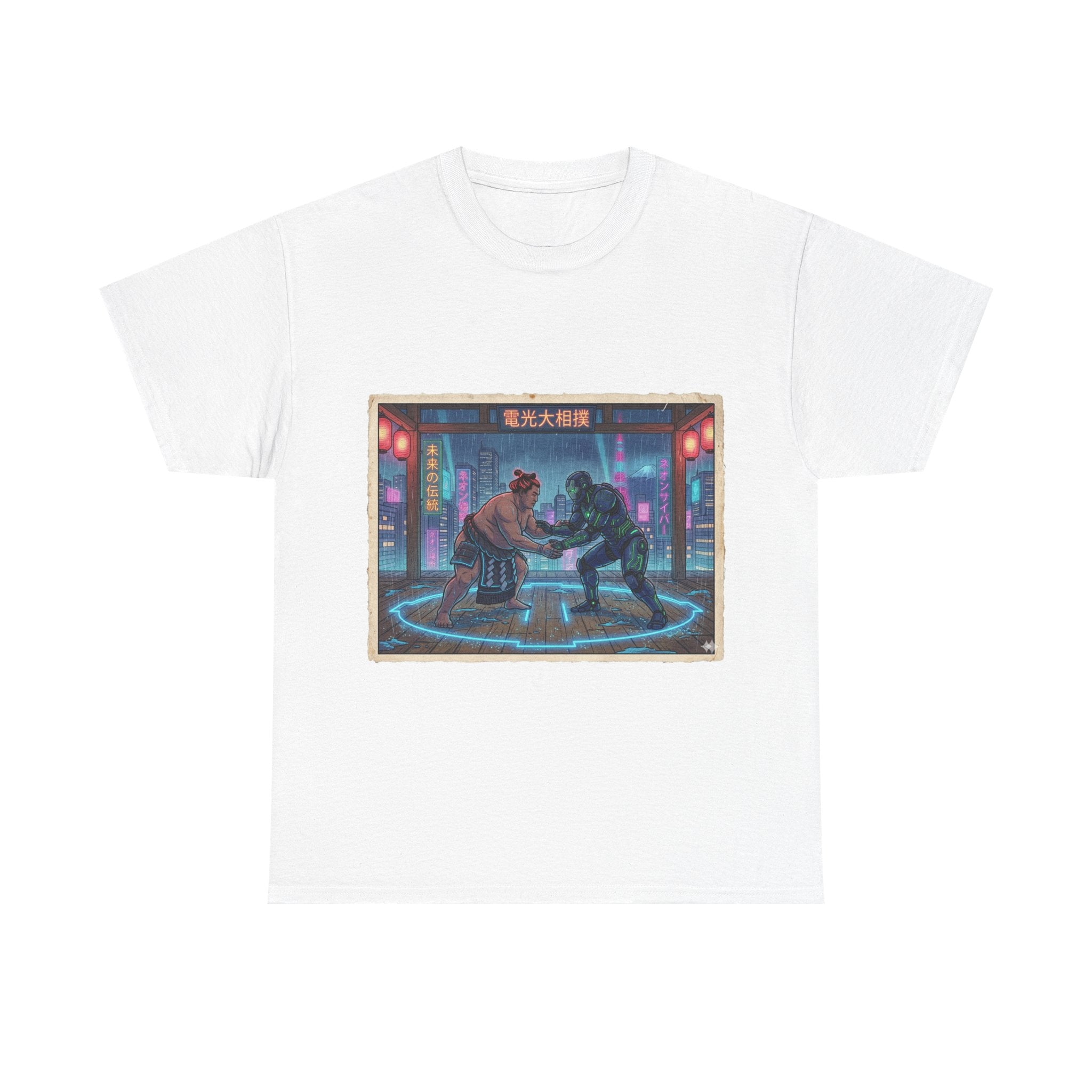 Cyberpunk Street Duel T-Shirt — Neon Samurai vs Robot Retro Arcade Tee