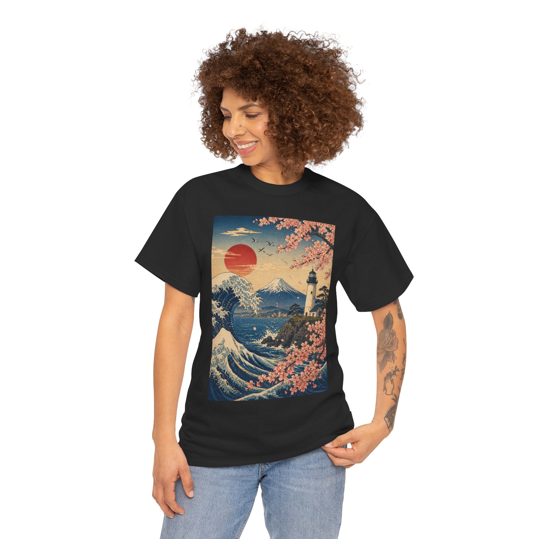 Japanese Wave & Cherry Blossom Art Tee — Mt. Fuji Sunset Graphic T-Shirt