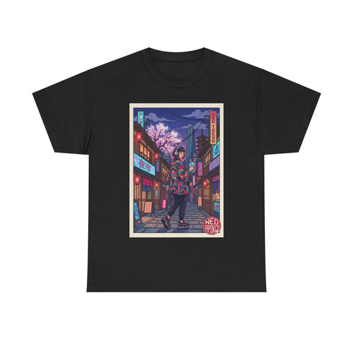 Anime Cyberpunk Streetwear Tee — Neon Night Sakura Print - Japanese Streetwear T-Shirt | Tokyo Style X