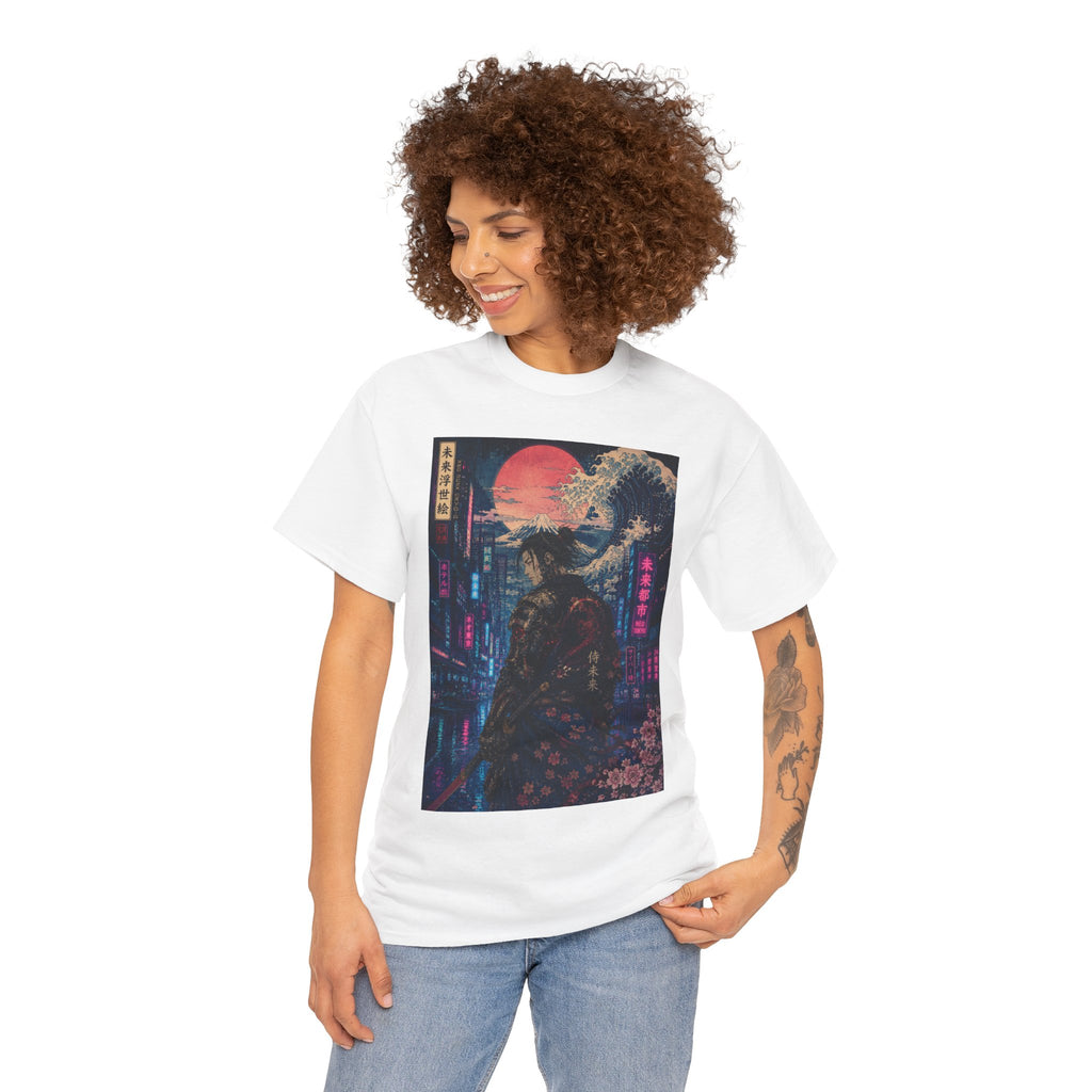 Samurai Neon City T‑Shirt — Cyberpunk Moonlit Japanese Street Graphic Tee