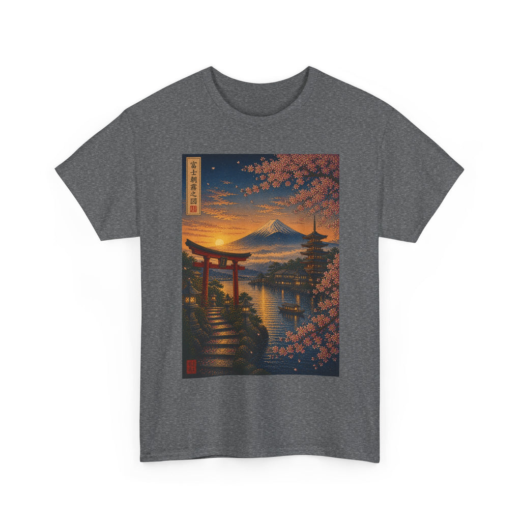 Japanese Sunset Torii T-Shirt — Cherry Blossom Mount Fuji Graphic Tee