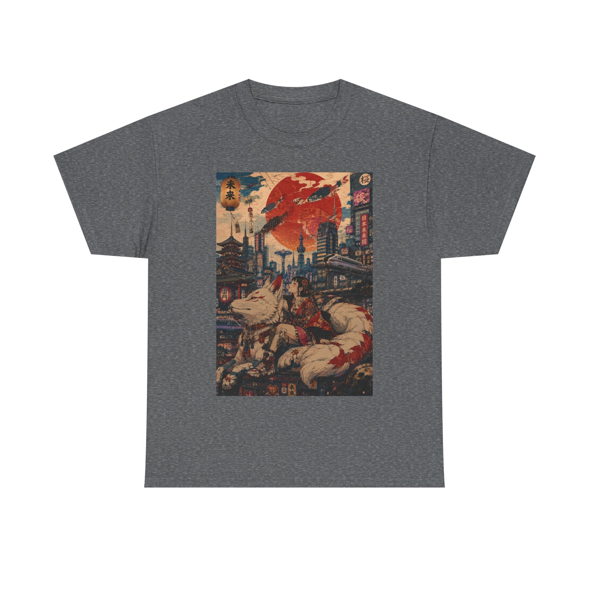 Graphic Tee — Cyberpunk Samurai Cityscape with Sleeping Fox - Japanese Streetwear T-Shirt | Tokyo Style X