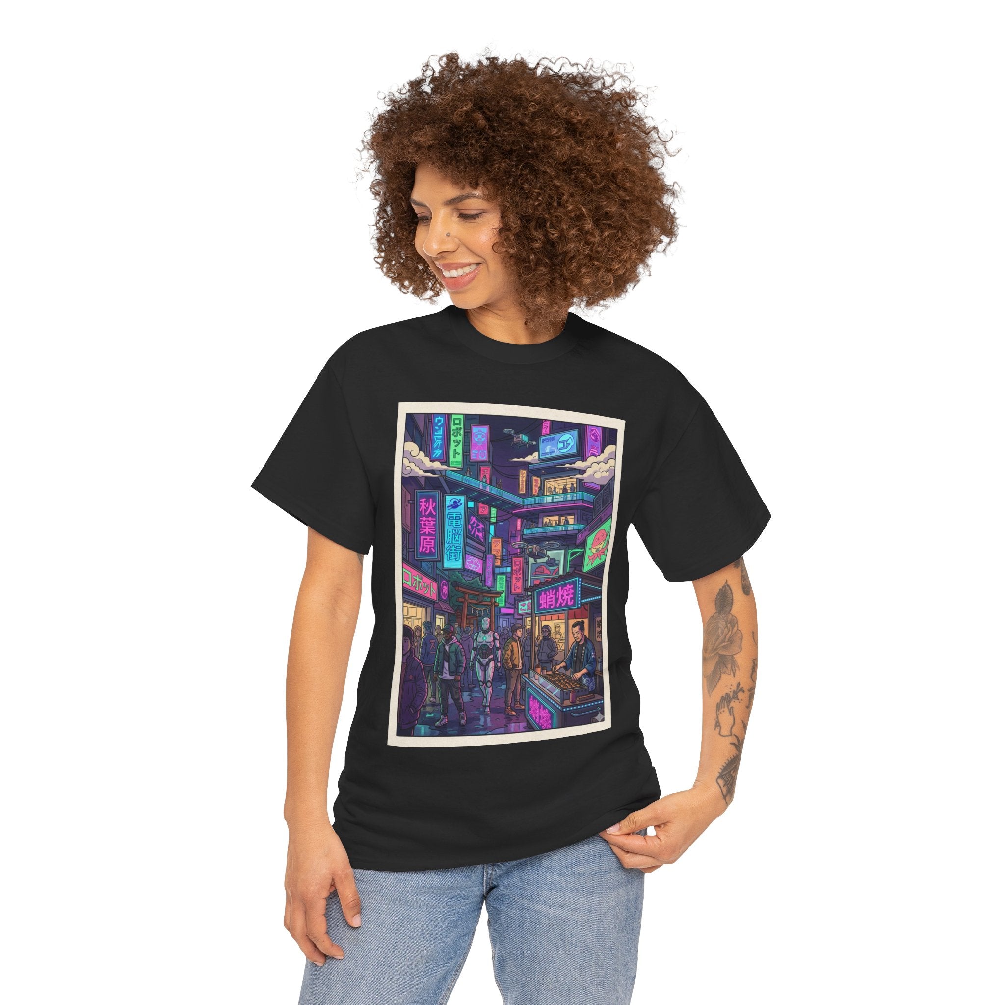Cyberpunk City Streets Graphic Tee — Neon Night Market Illustration