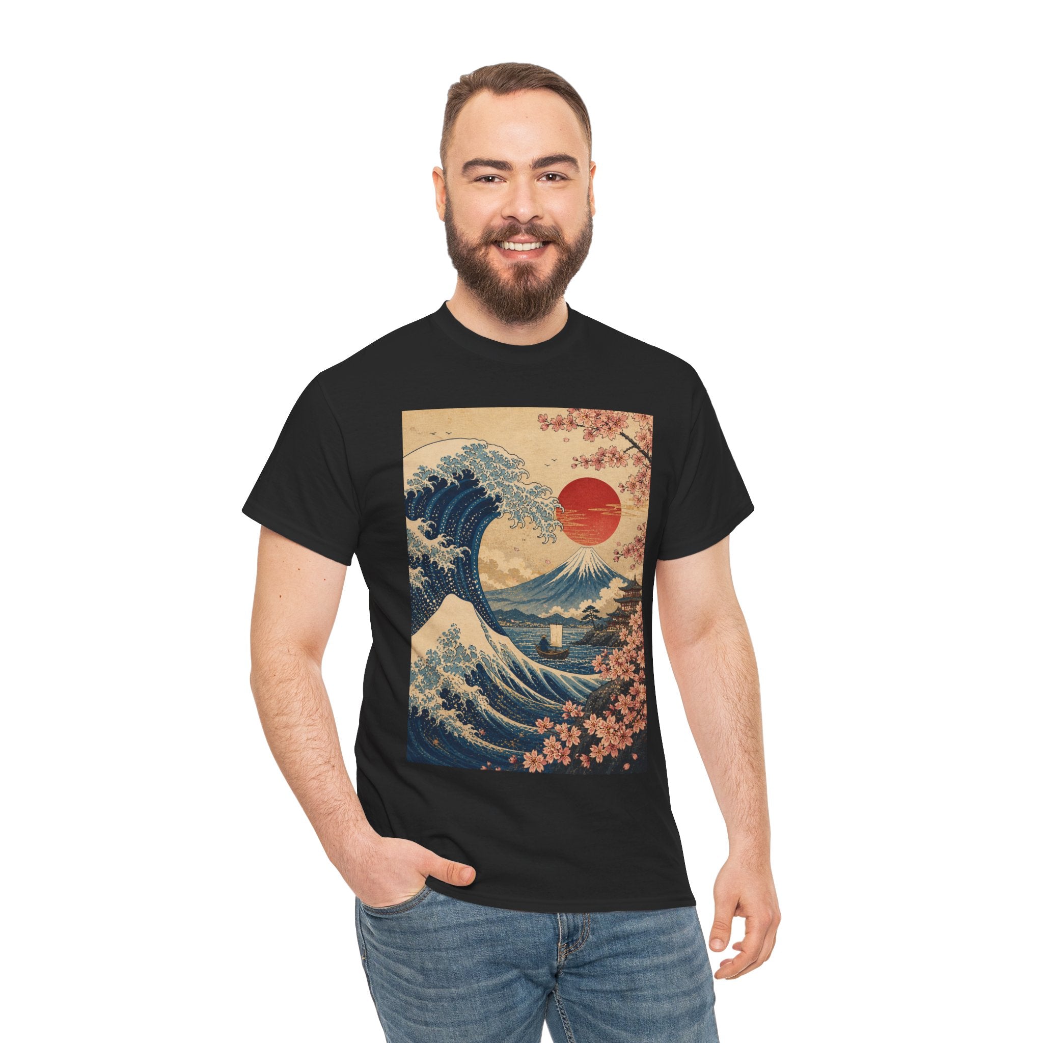 Vintage Japanese Wave Tee — Sakura Sunset Hokusai-Inspired Graphic Shirt