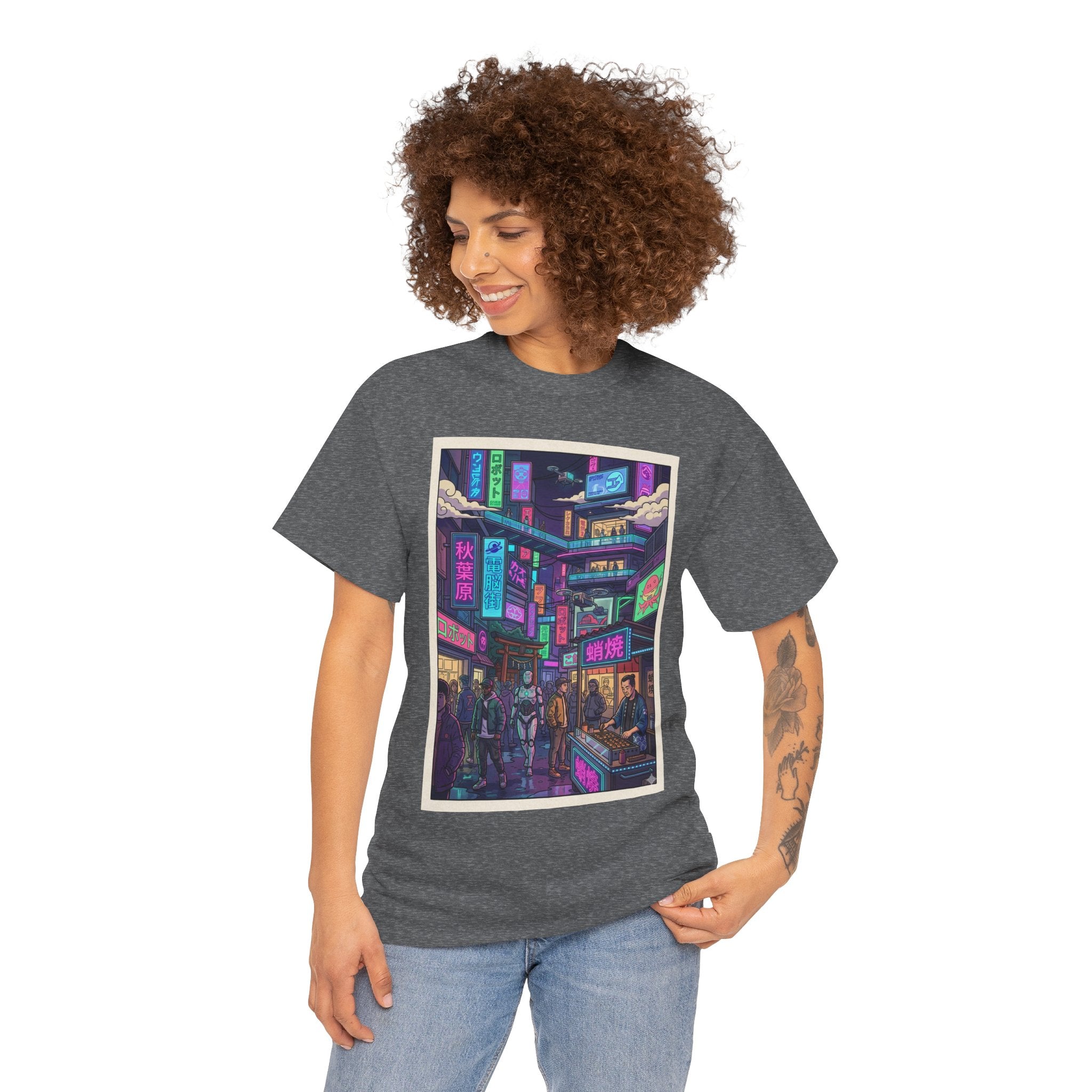 Cyberpunk City Streets Graphic Tee — Neon Night Market Illustration