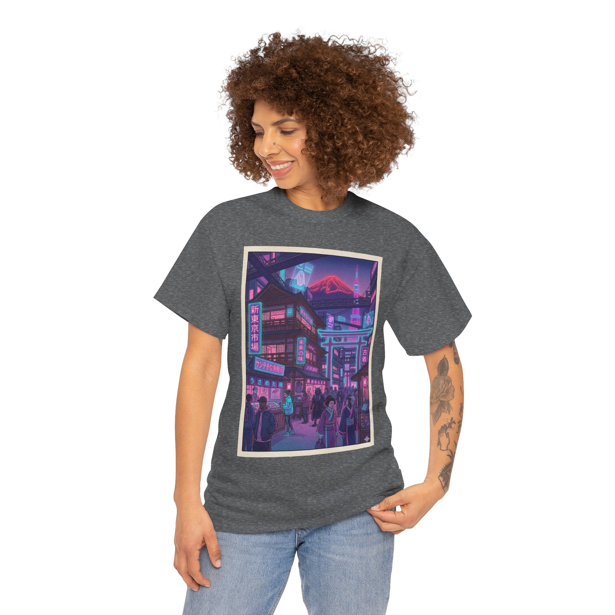Retro Neon Cityscape Tee — Cyberpunk Night Street Graphic Shirt