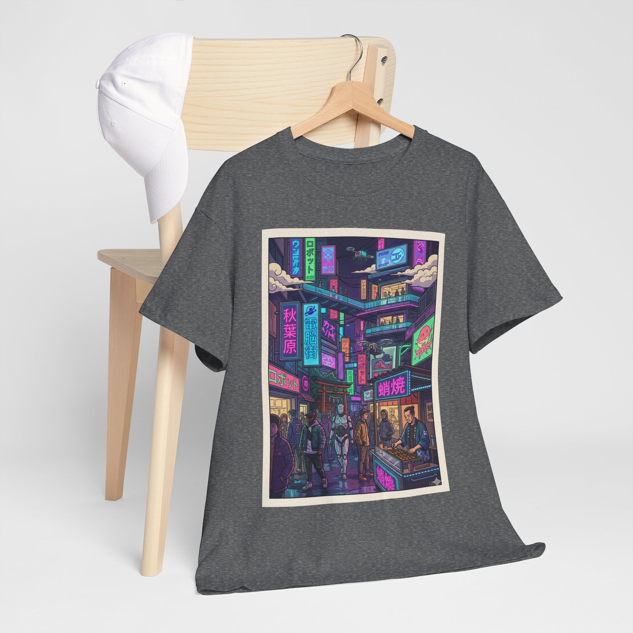 Cyberpunk City Streets Graphic Tee — Neon Night Market Illustration