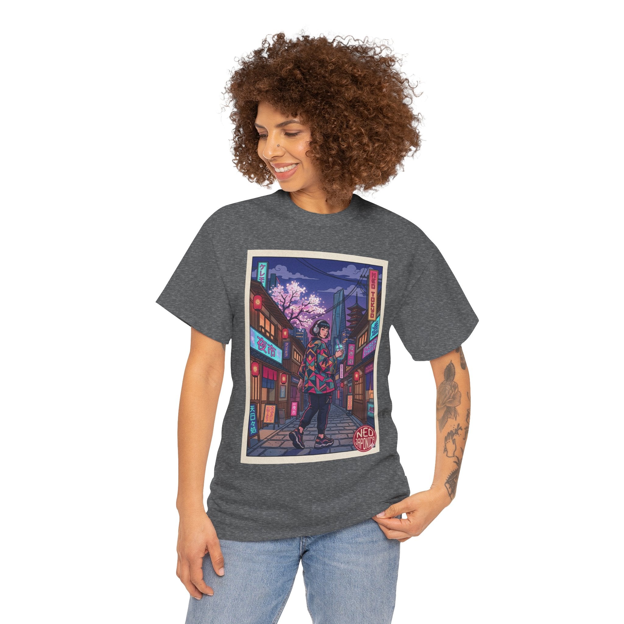 Anime Cyberpunk Streetwear Tee — Neon Night Sakura Print - Japanese Streetwear T-Shirt | Tokyo Style X