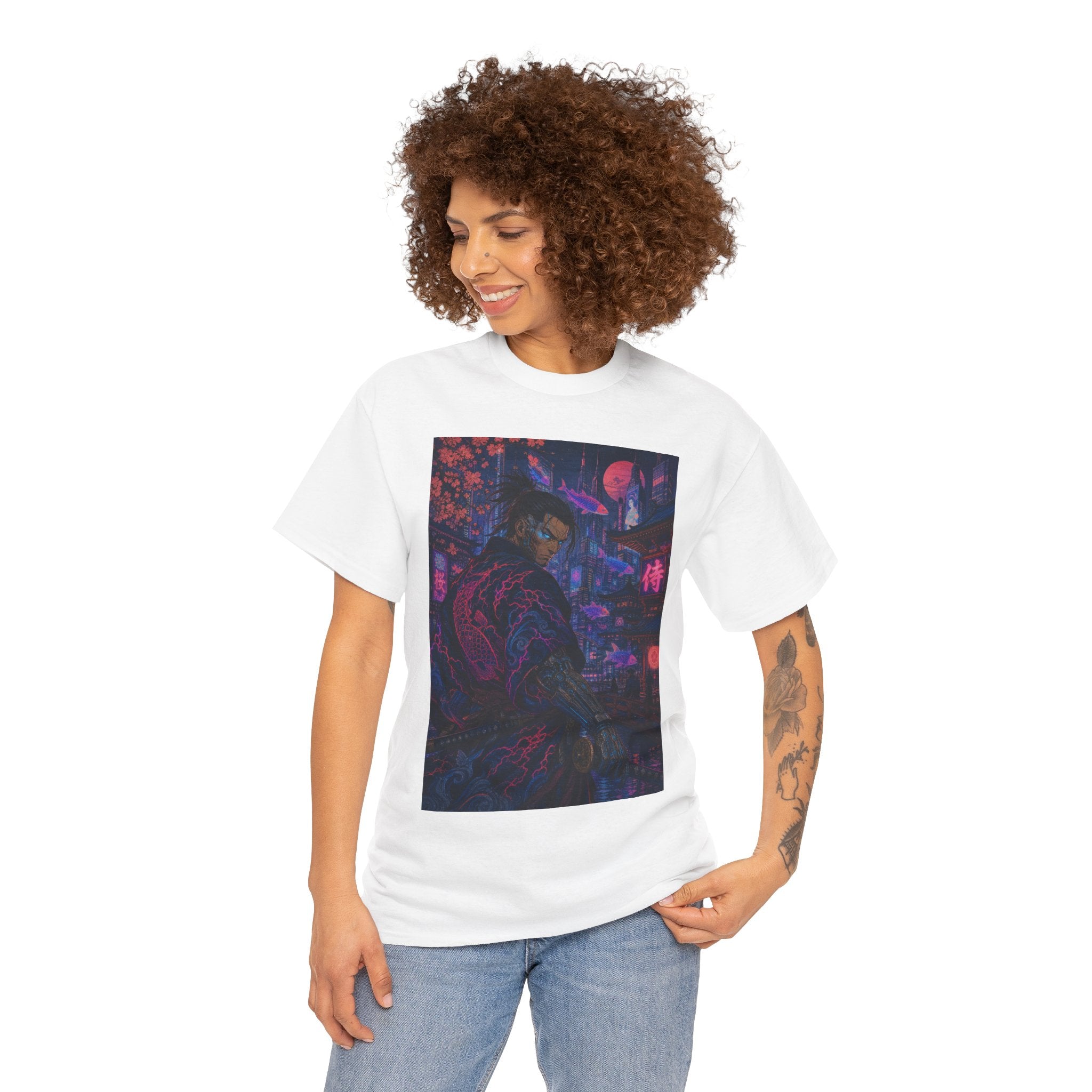 Cyberpunk Samurai T‑Shirt – Neon Night Streetwear Graphic Tee