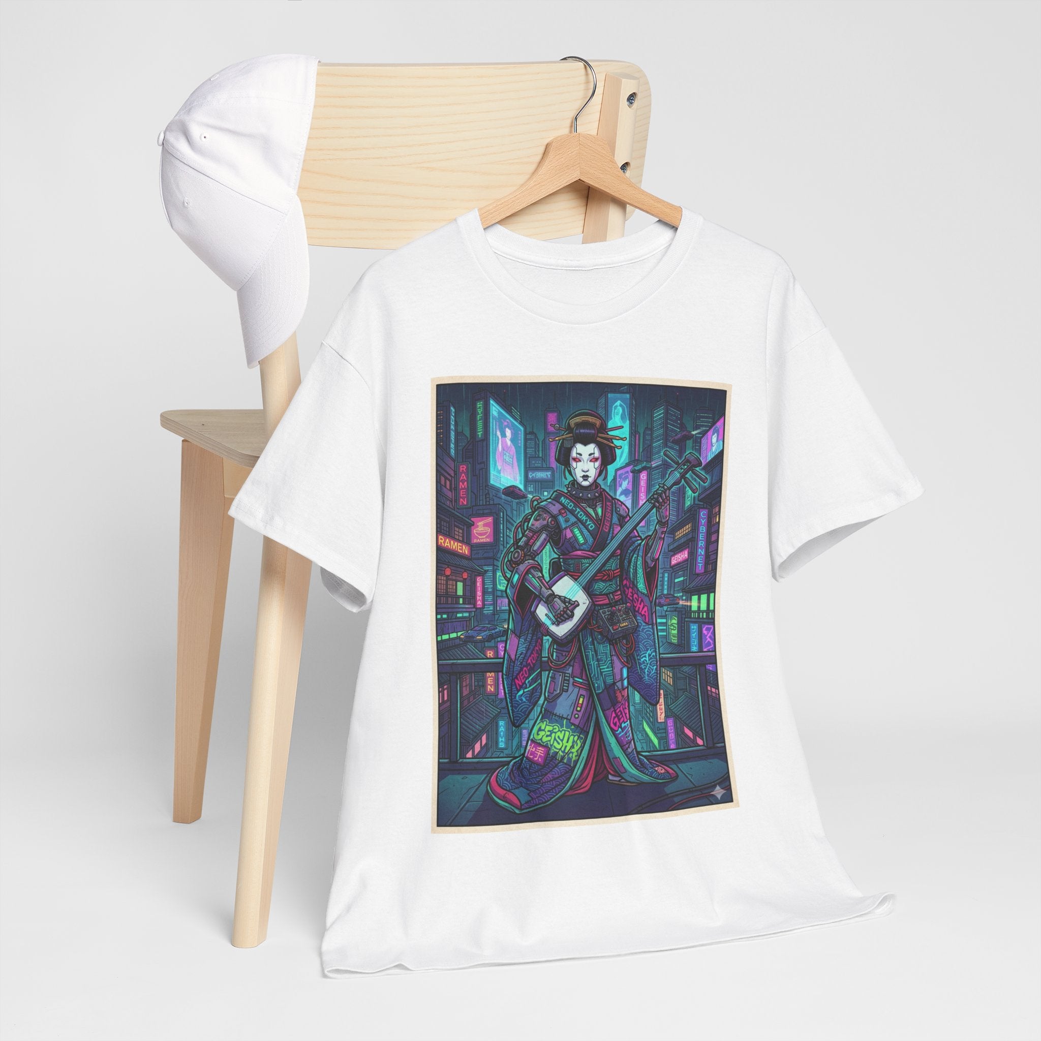 Geisha Synthwave T-Shirt — Neon City Shamisen Art Tee