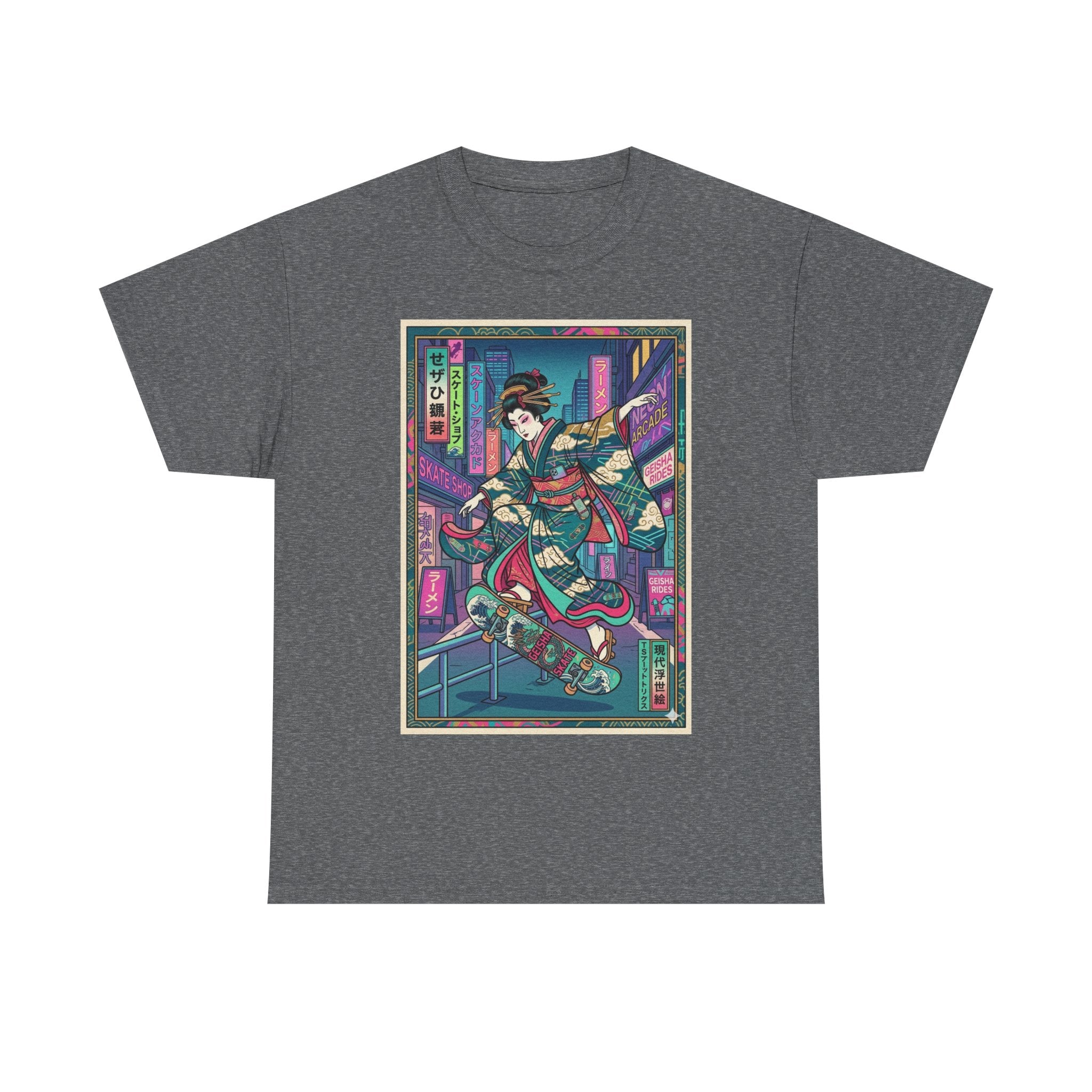 Geisha Skateboard Tee — Neon Cyberpunk Japanese Streetwear T-Shirt