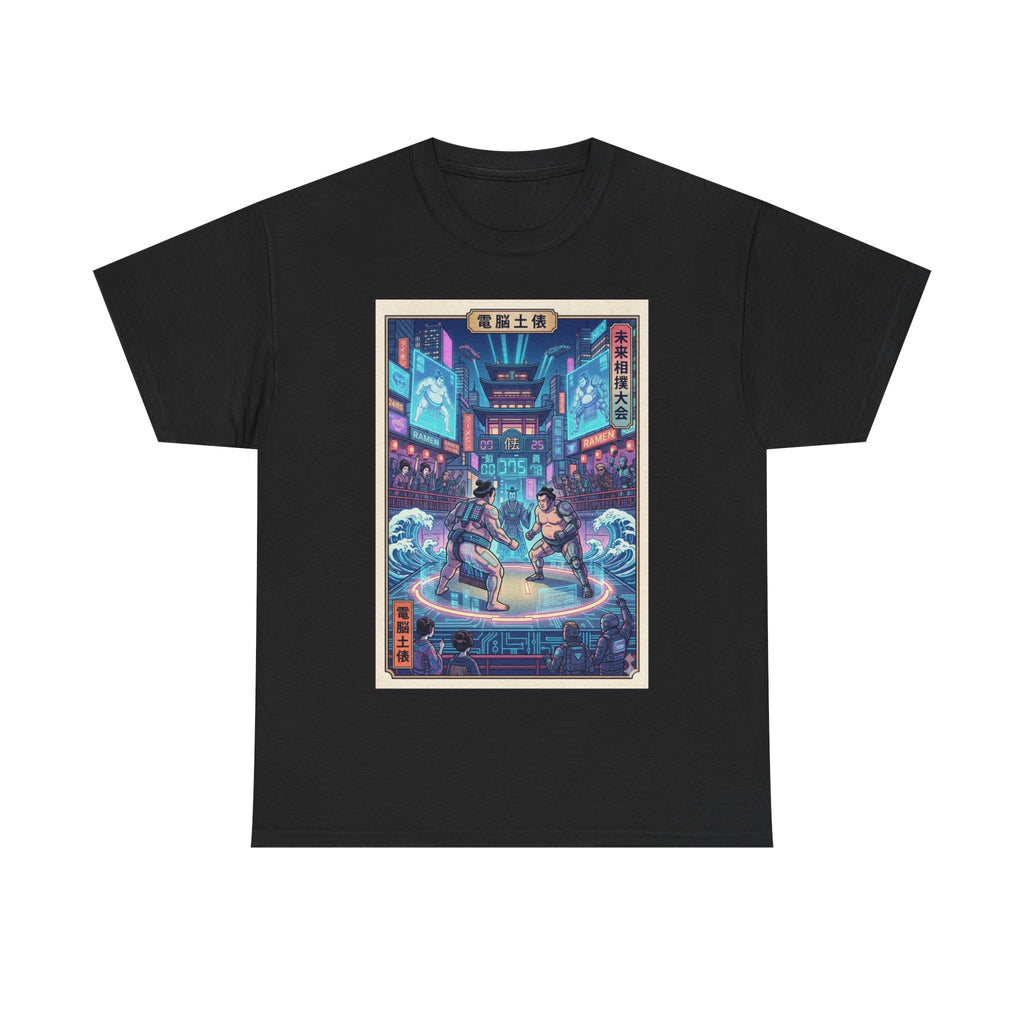 Retro Cyberpunk Fight Scene T-Shirt — Neon Samurai vs Ronin Graphic Tee